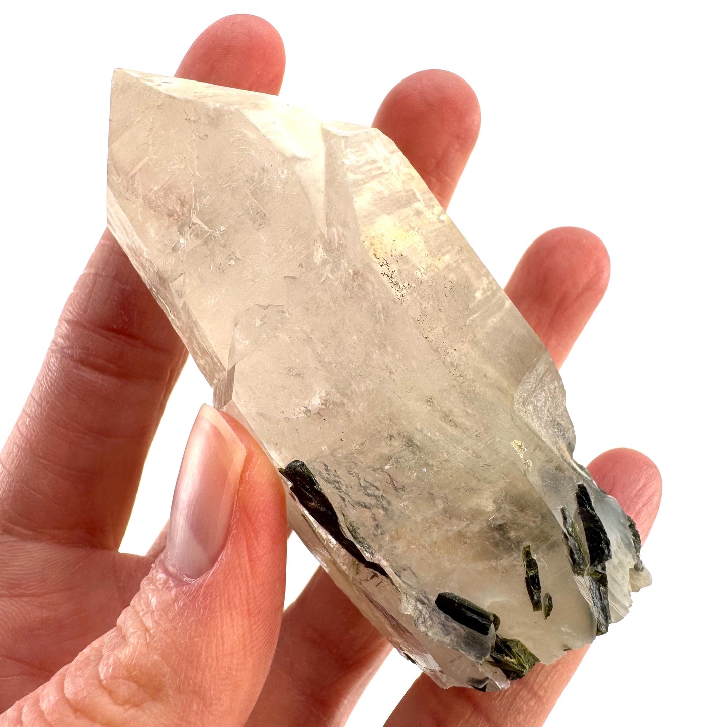 Bone Quartz with Epidote | natural quartz crystal, mineral specimen from Pakistan