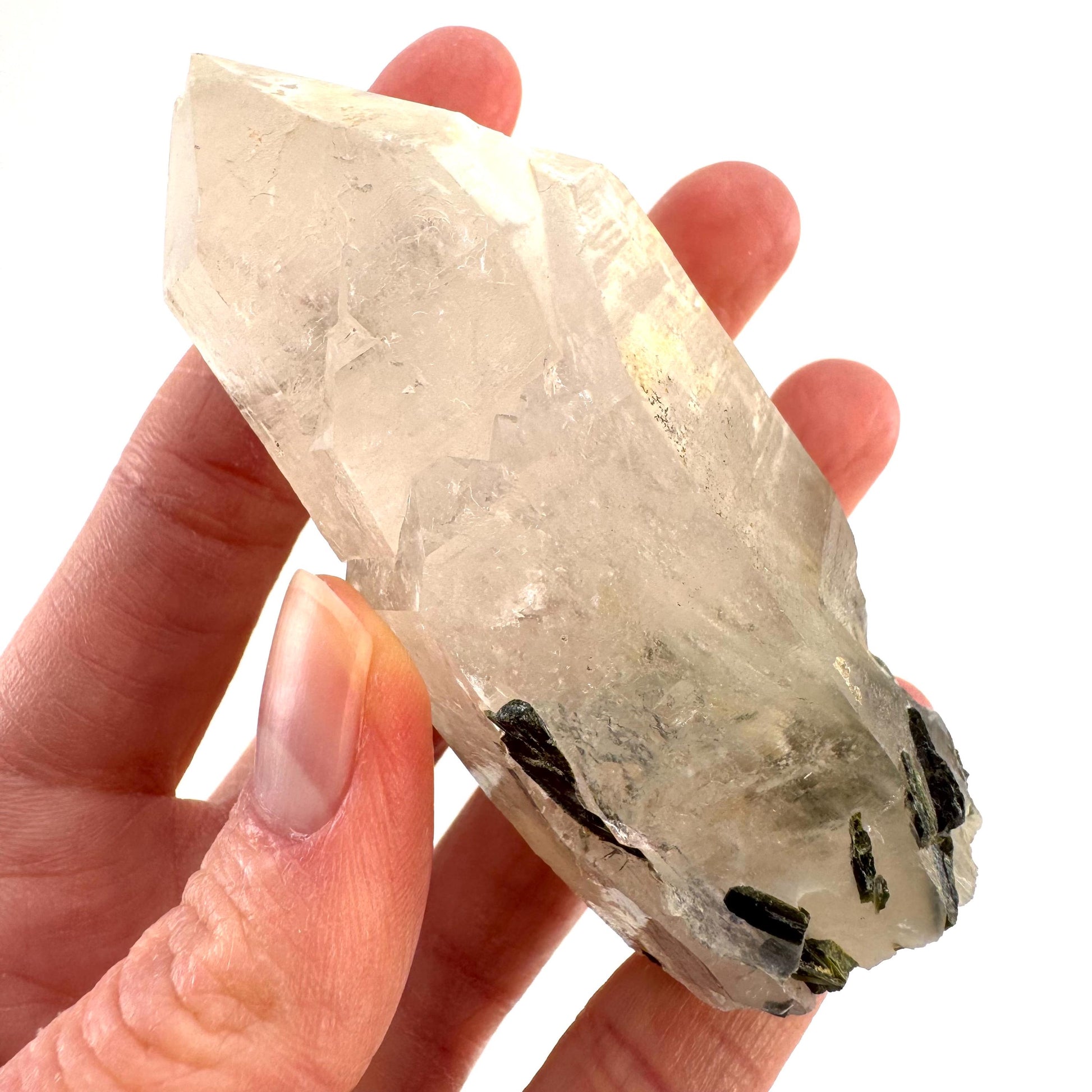 Bone Quartz with Epidote | natural quartz crystal, mineral specimen from Pakistan