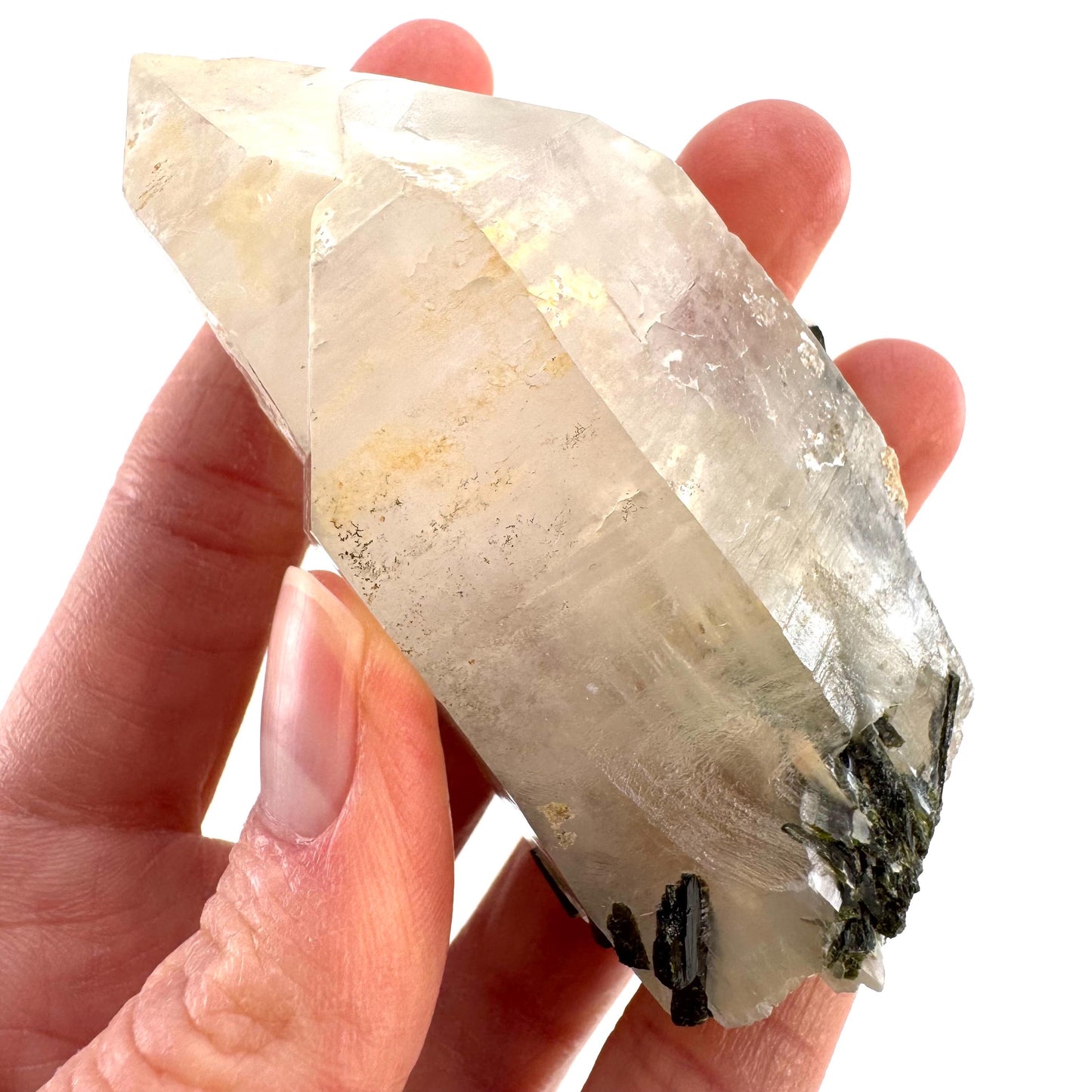 Bone Quartz with Epidote | natural quartz crystal, mineral specimen from Pakistan