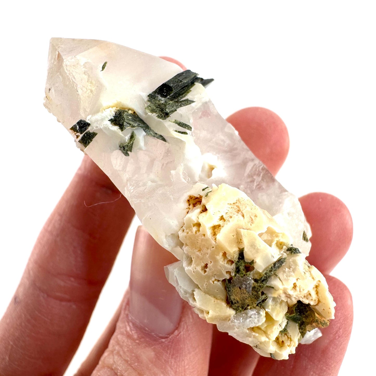 Bone Quartz with Epidote | natural quartz crystal, mineral specimen from Pakistan