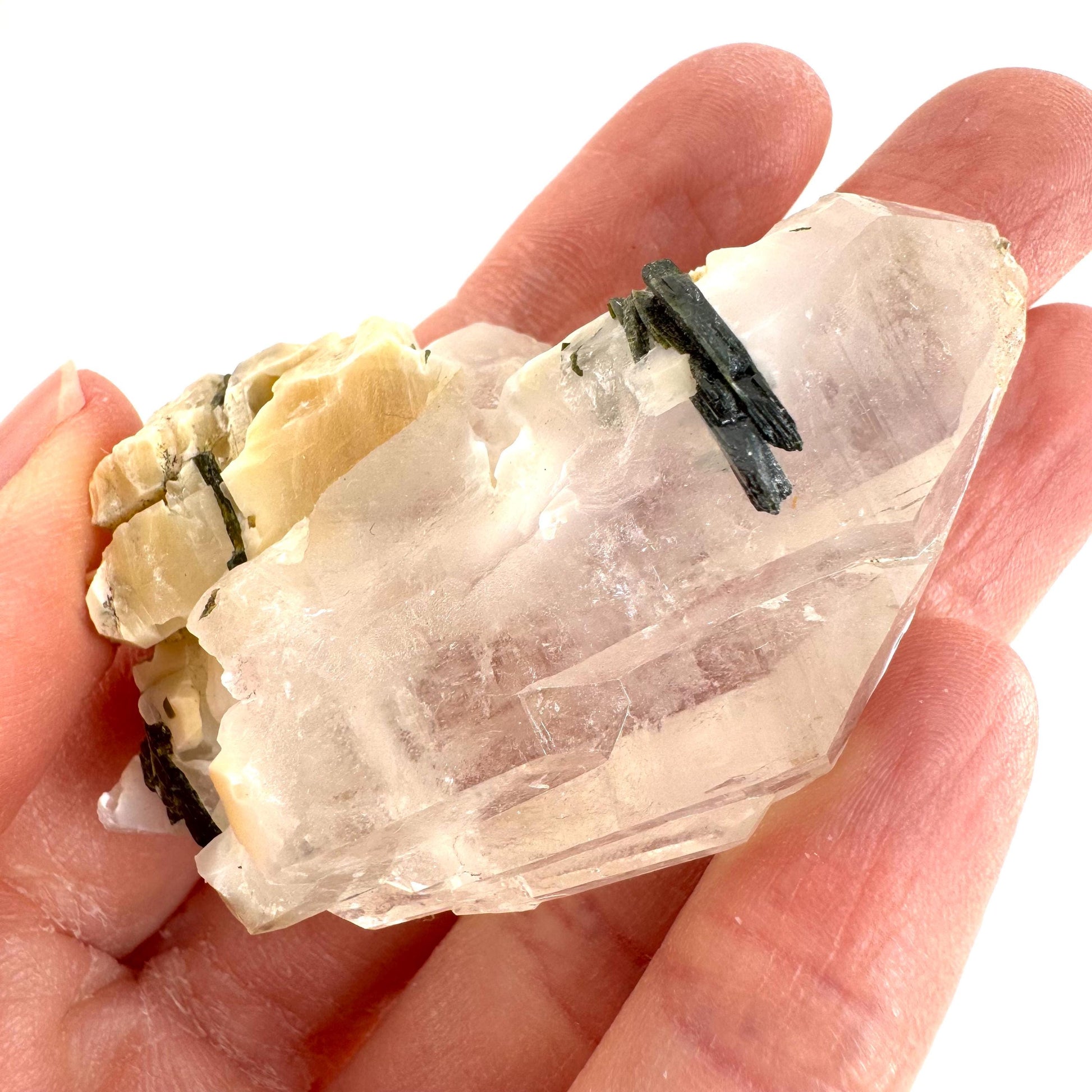 Bone Quartz with Epidote | natural quartz crystal, mineral specimen from Pakistan