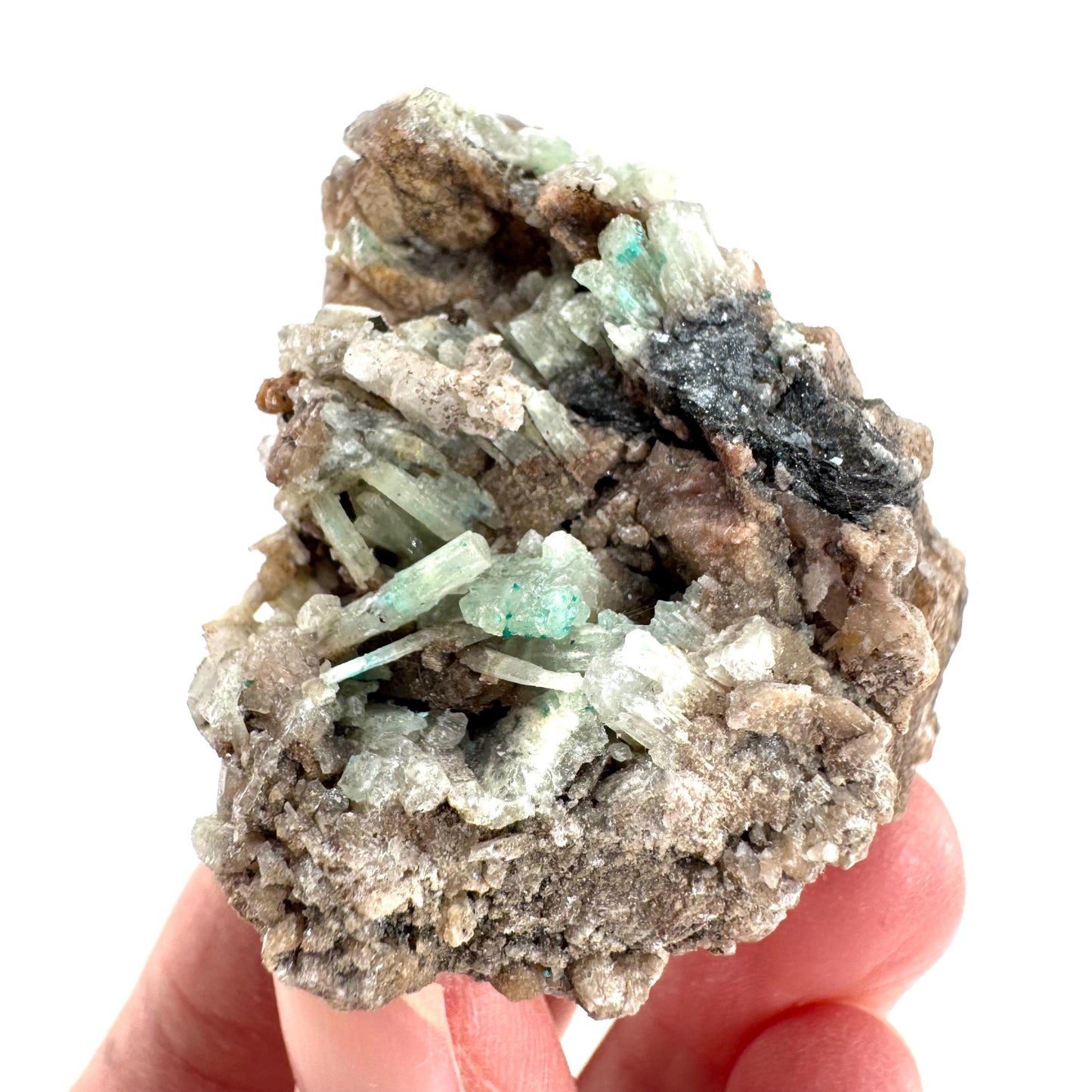 Cuprian Barite with Malachite & Stibnite | Crystal cluster, baryte mineral specimen from DR Congo