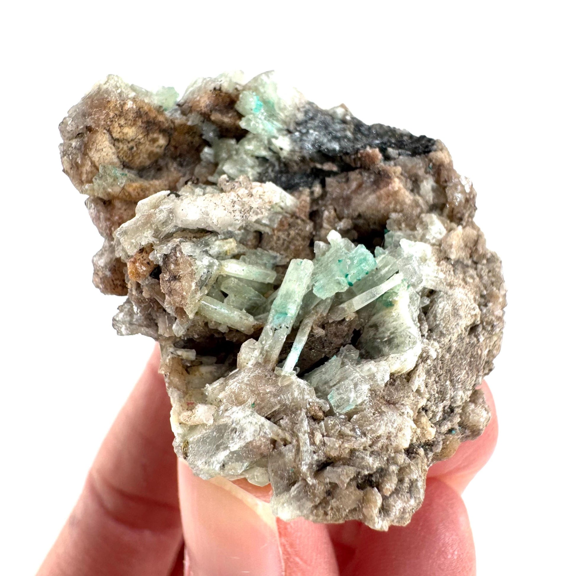Cuprian Barite with Malachite & Stibnite | Crystal cluster, baryte mineral specimen from DR Congo