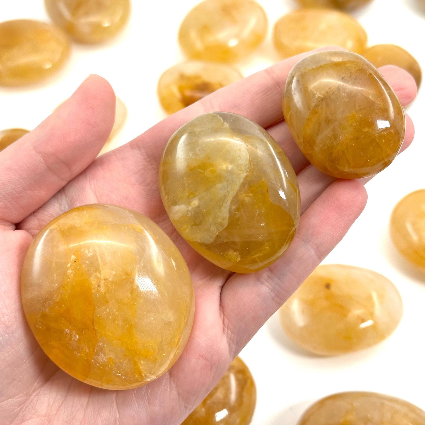 Golden Healer Quartz Palm Stone, golden healer quartz, yellow hematoid quartz palm stone, crystal palm stone, chakra palm stone