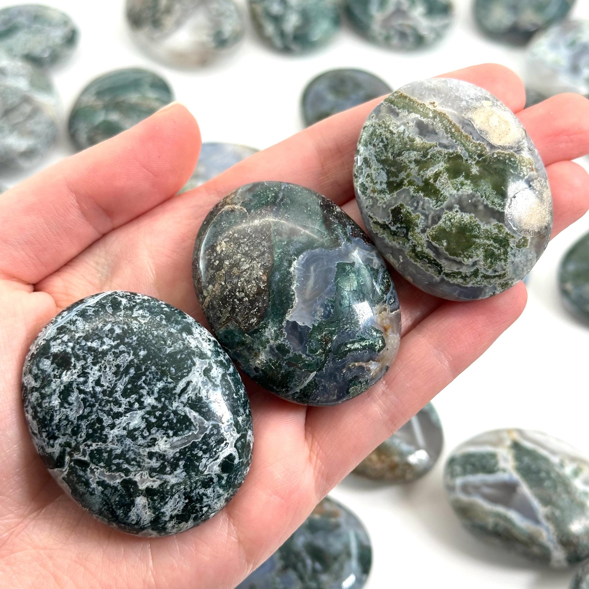 Moss Agate Palm Stone, green moss agate, crystal palm stone, worry stone, polished moss agate