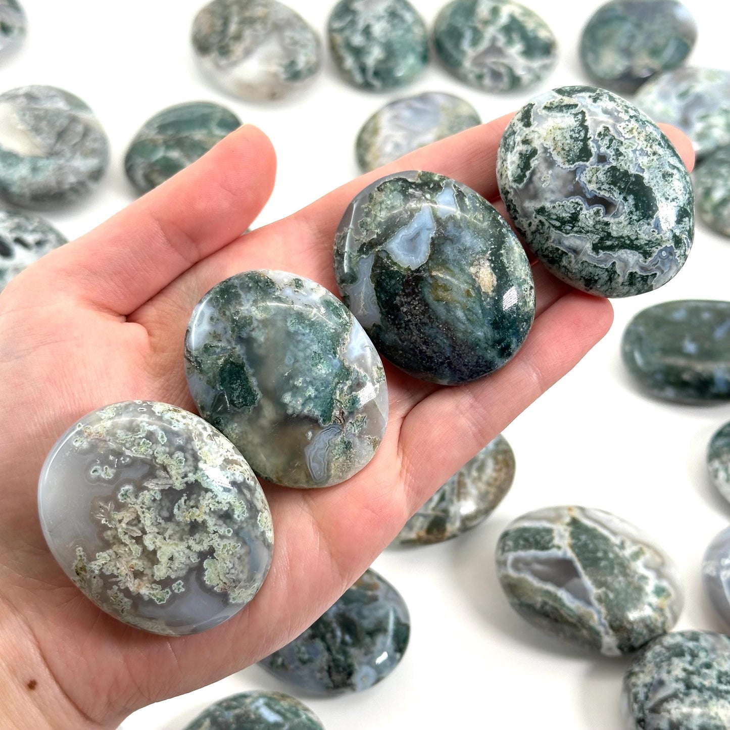 Moss Agate Palm Stone, green moss agate, crystal palm stone, worry stone, polished moss agate