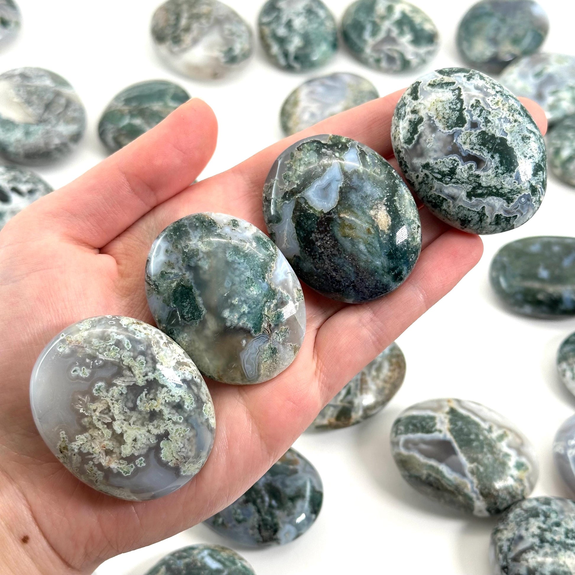 Moss Agate Palm Stone, green moss agate, crystal palm stone, worry stone, polished moss agate