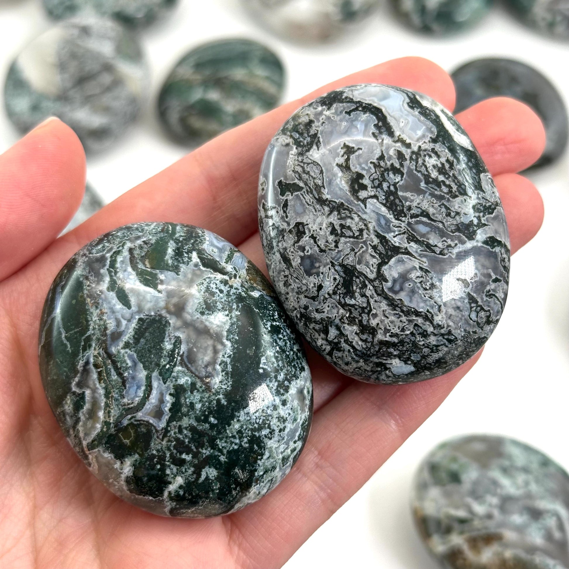 Moss Agate Palm Stone, green moss agate, crystal palm stone, worry stone, polished moss agate