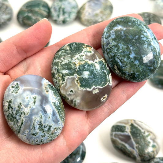 Moss Agate Palm Stone, green moss agate, crystal palm stone, worry stone, polished moss agate