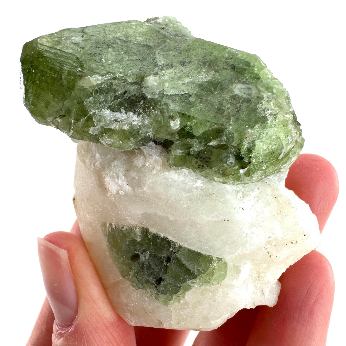Chrome Diopside on Calcite | raw green crystal cluster, natural mineral specimen