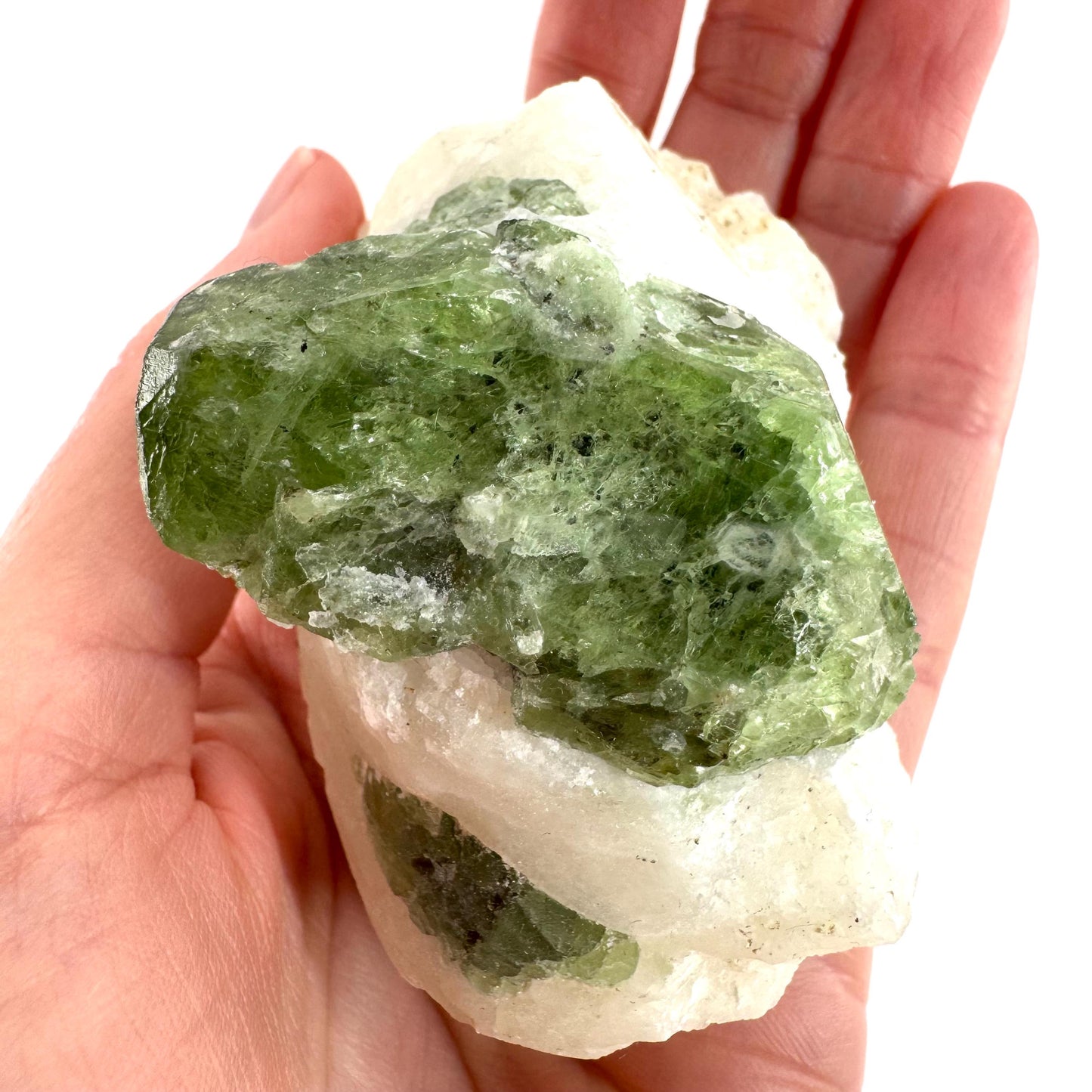Chrome Diopside on Calcite | raw green crystal cluster, natural mineral specimen