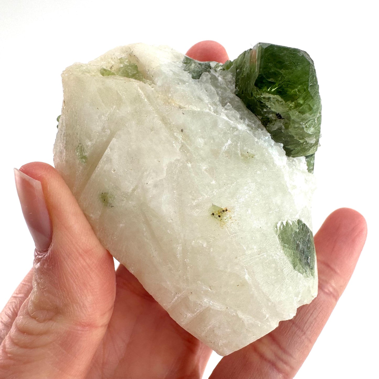 Chrome Diopside on Calcite | raw green crystal cluster, natural mineral specimen