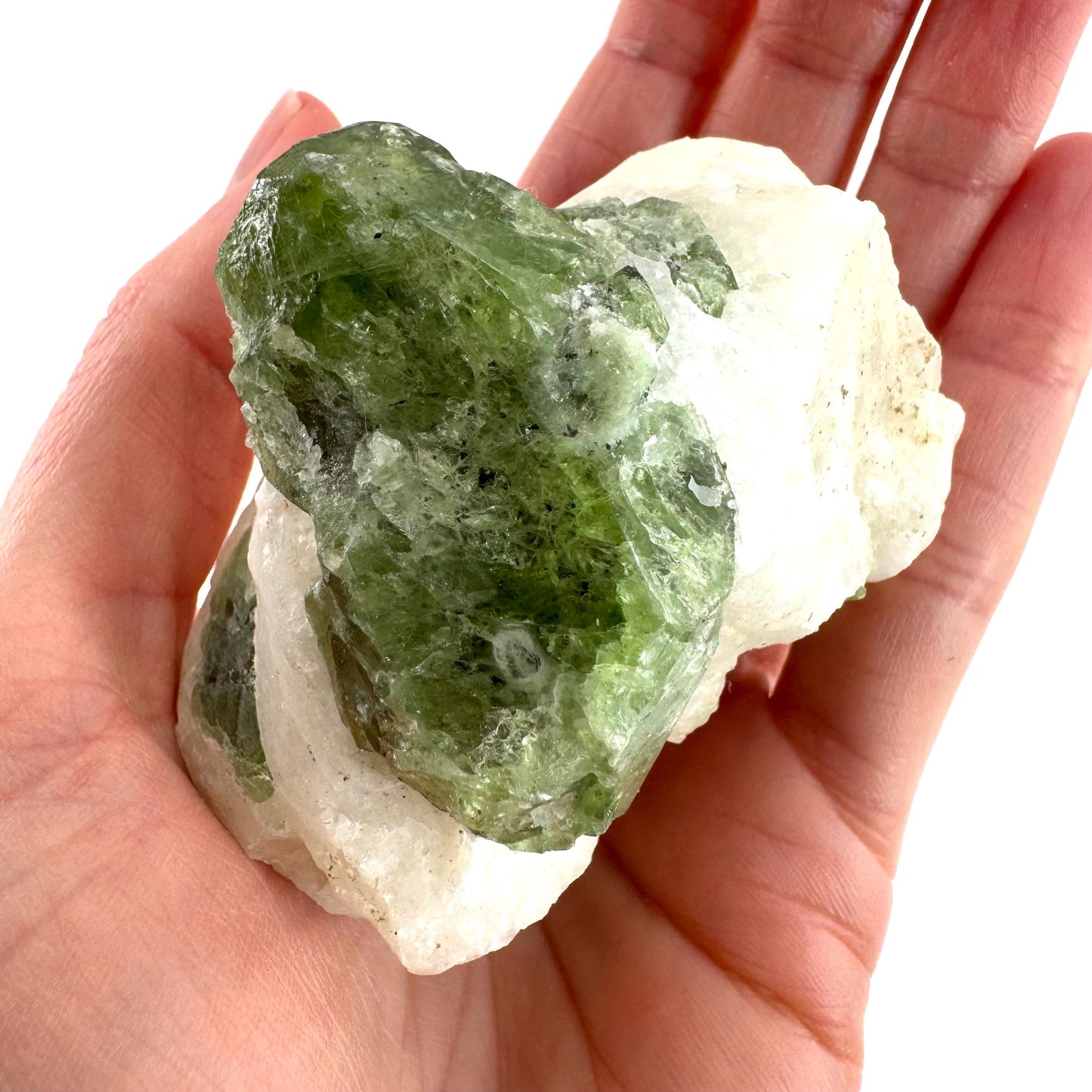 Chrome Diopside on Calcite | raw green crystal cluster, natural mineral specimen