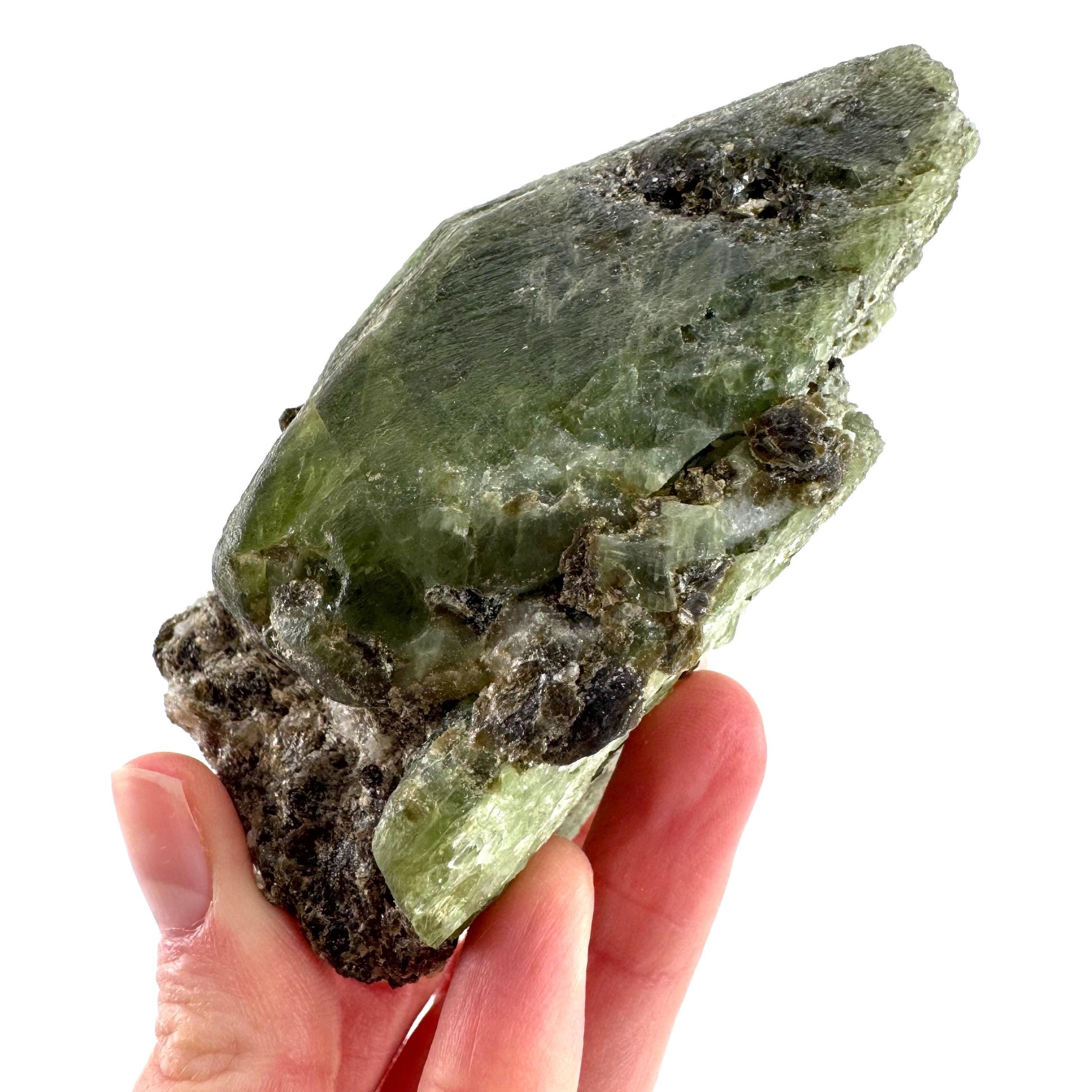 Chrome Diopside on Calcite | raw green crystal cluster, natural mineral specimen