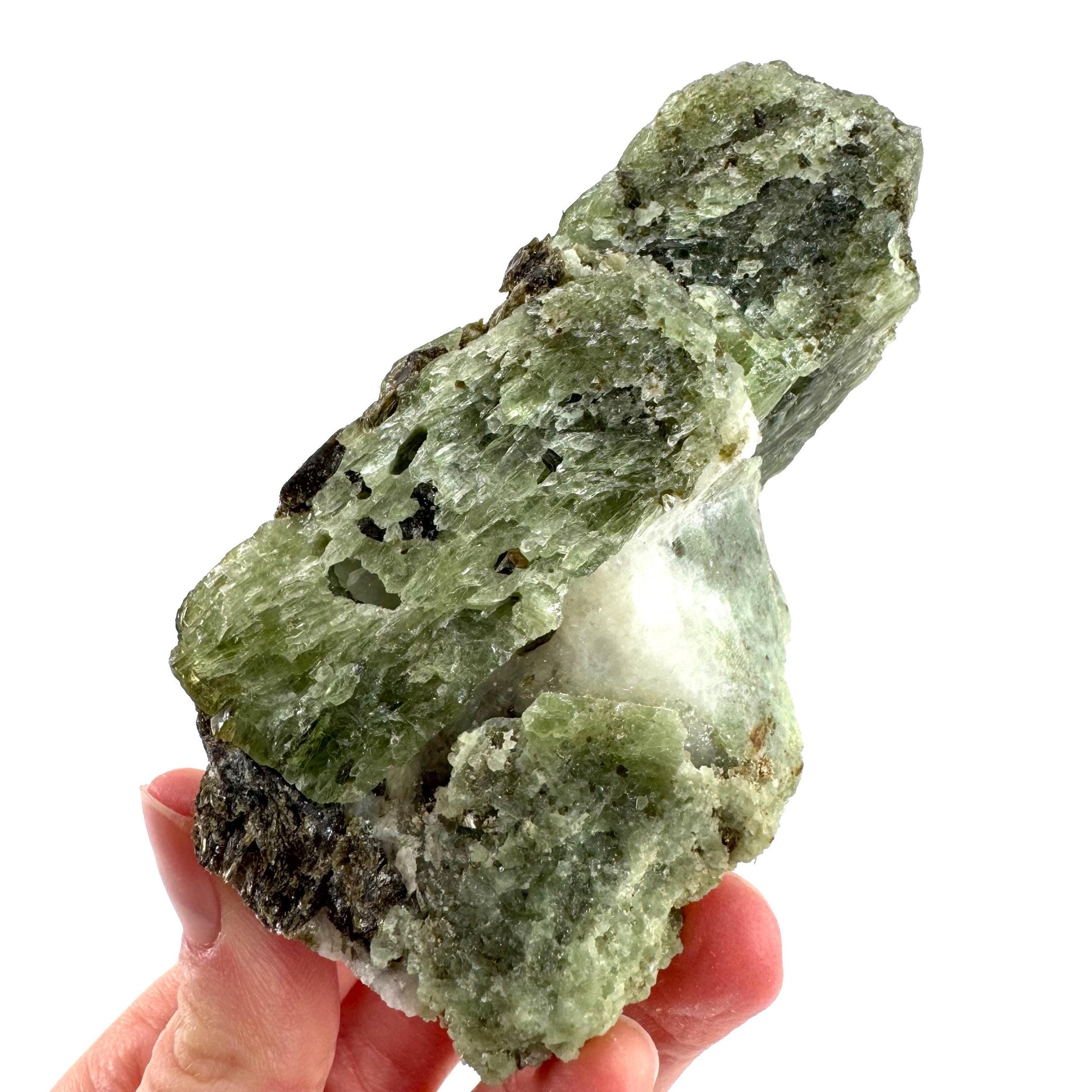 Chrome Diopside on Calcite | raw green crystal cluster, natural mineral specimen