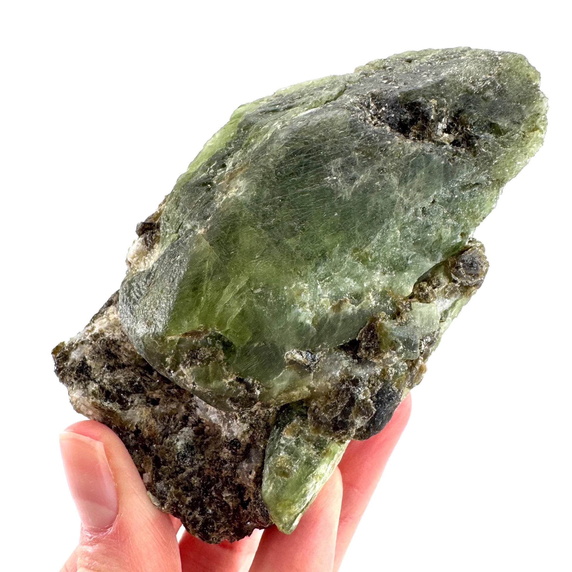Chrome Diopside on Calcite | raw green crystal cluster, natural mineral specimen