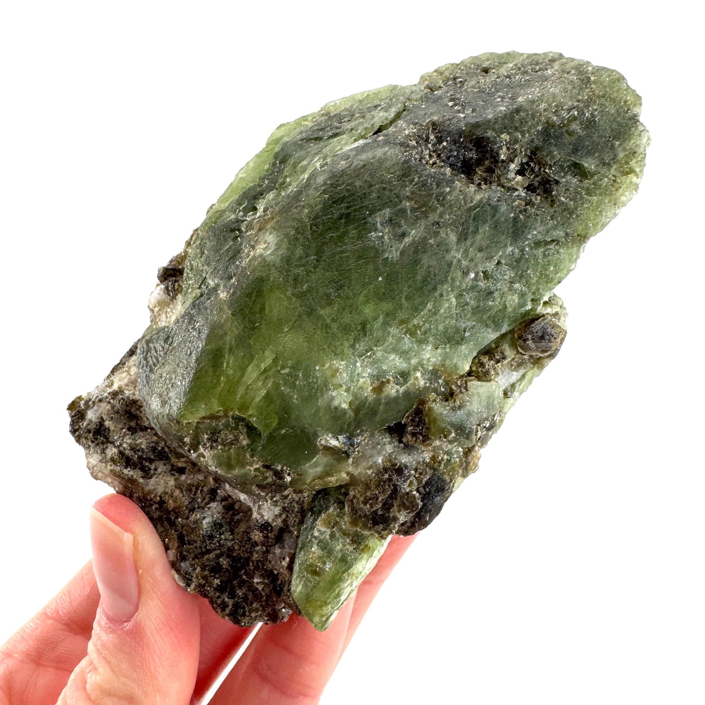 Chrome Diopside on Calcite | raw green crystal cluster, natural mineral specimen