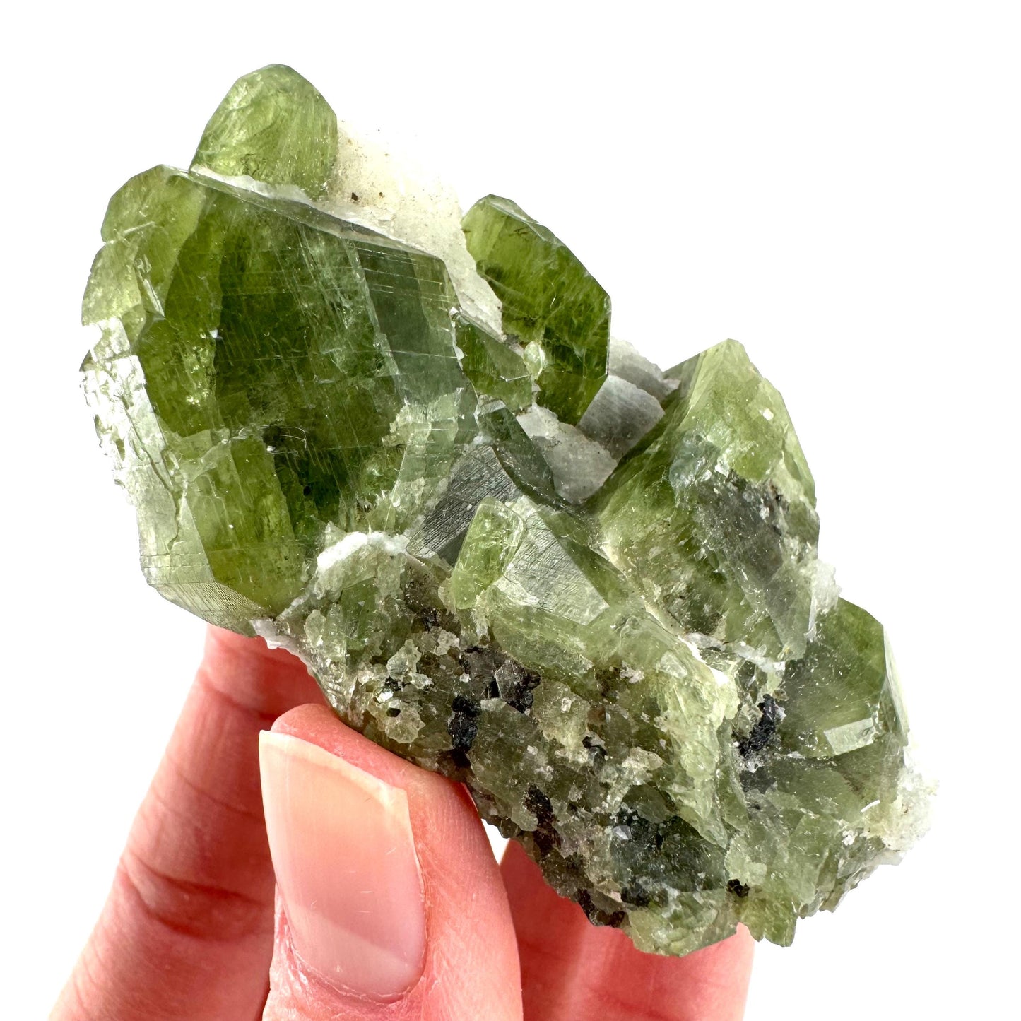 Chrome Diopside on Calcite | raw green crystal cluster, natural mineral specimen