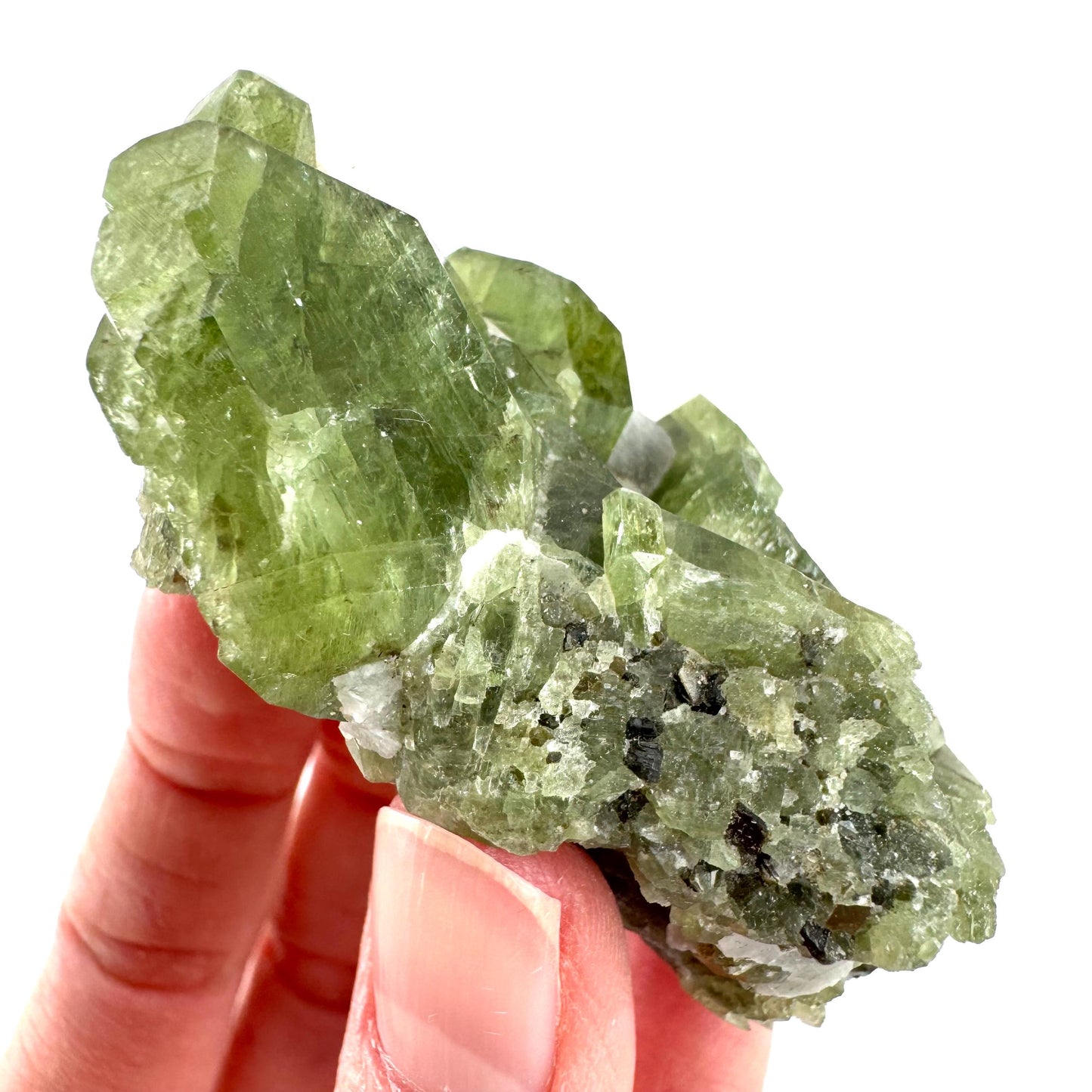 Chrome Diopside on Calcite | raw green crystal cluster, natural mineral specimen