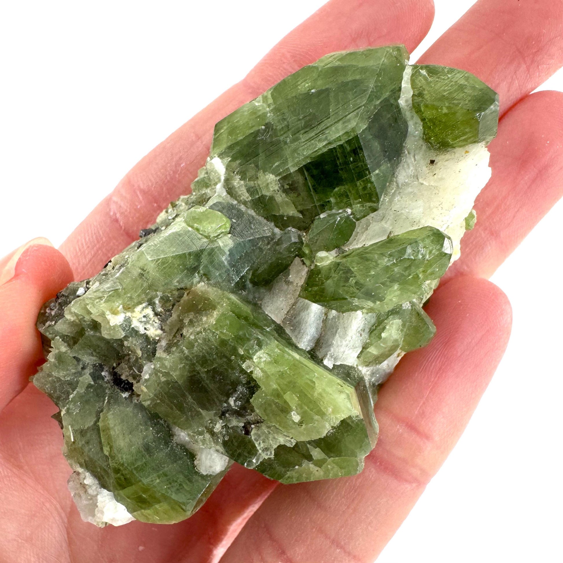 Chrome Diopside on Calcite | raw green crystal cluster, natural mineral specimen