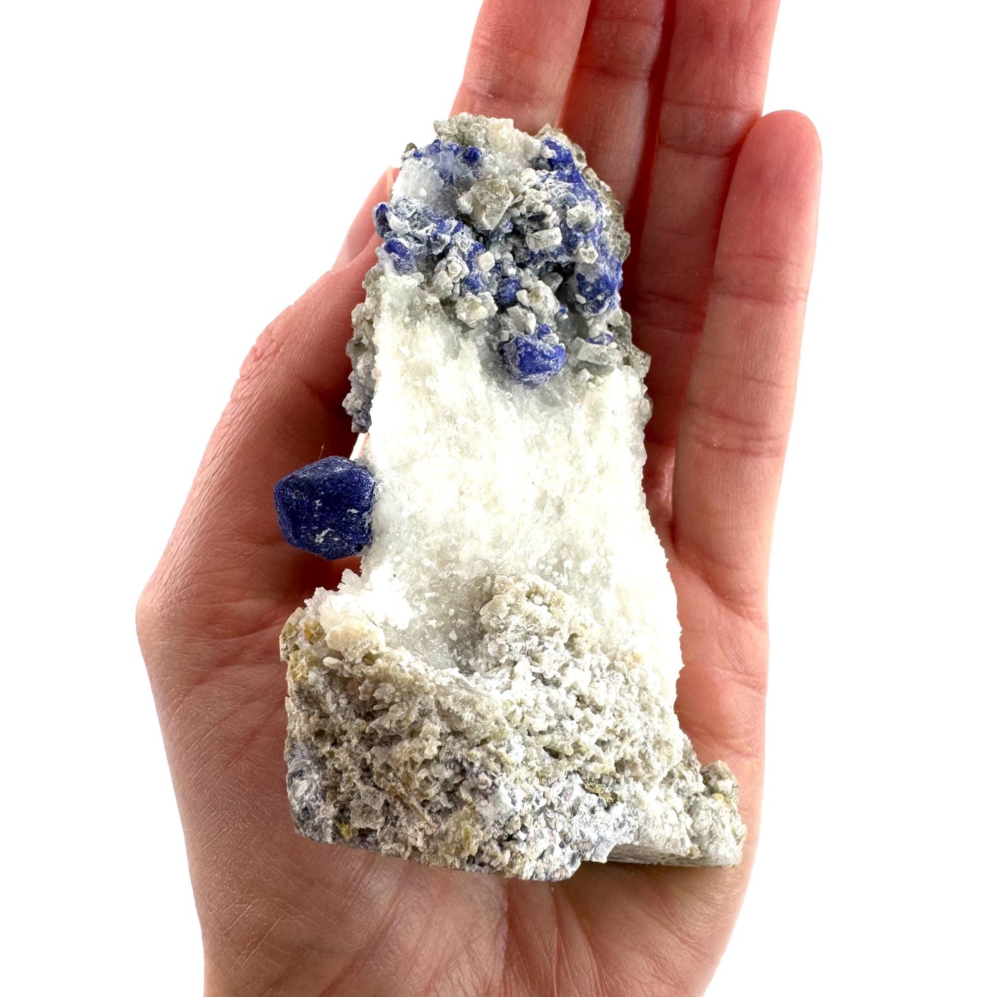 Lazurite on Calcite | blue crystal cluster, natural mineral specimen