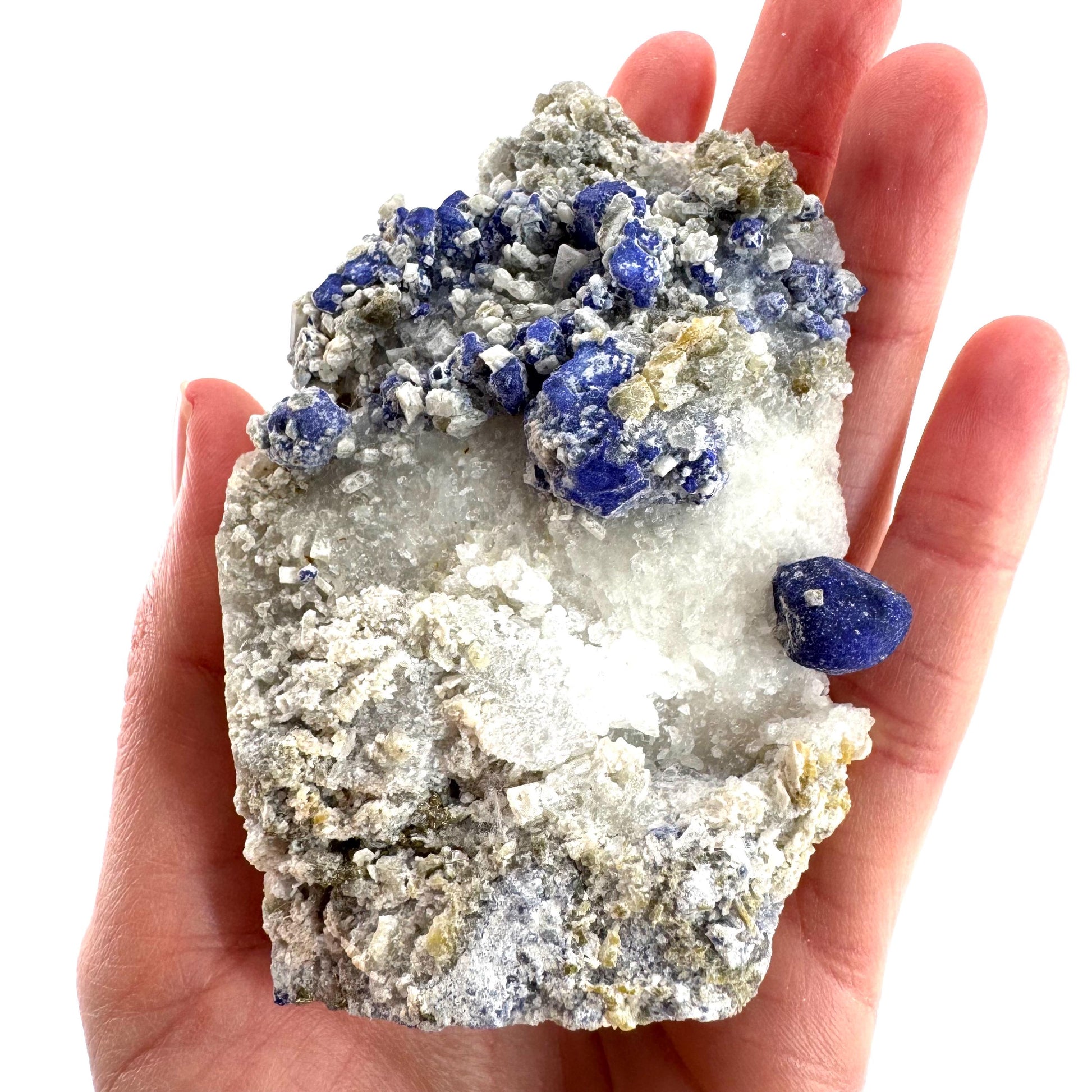 Lazurite on Calcite | blue crystal cluster, natural mineral specimen