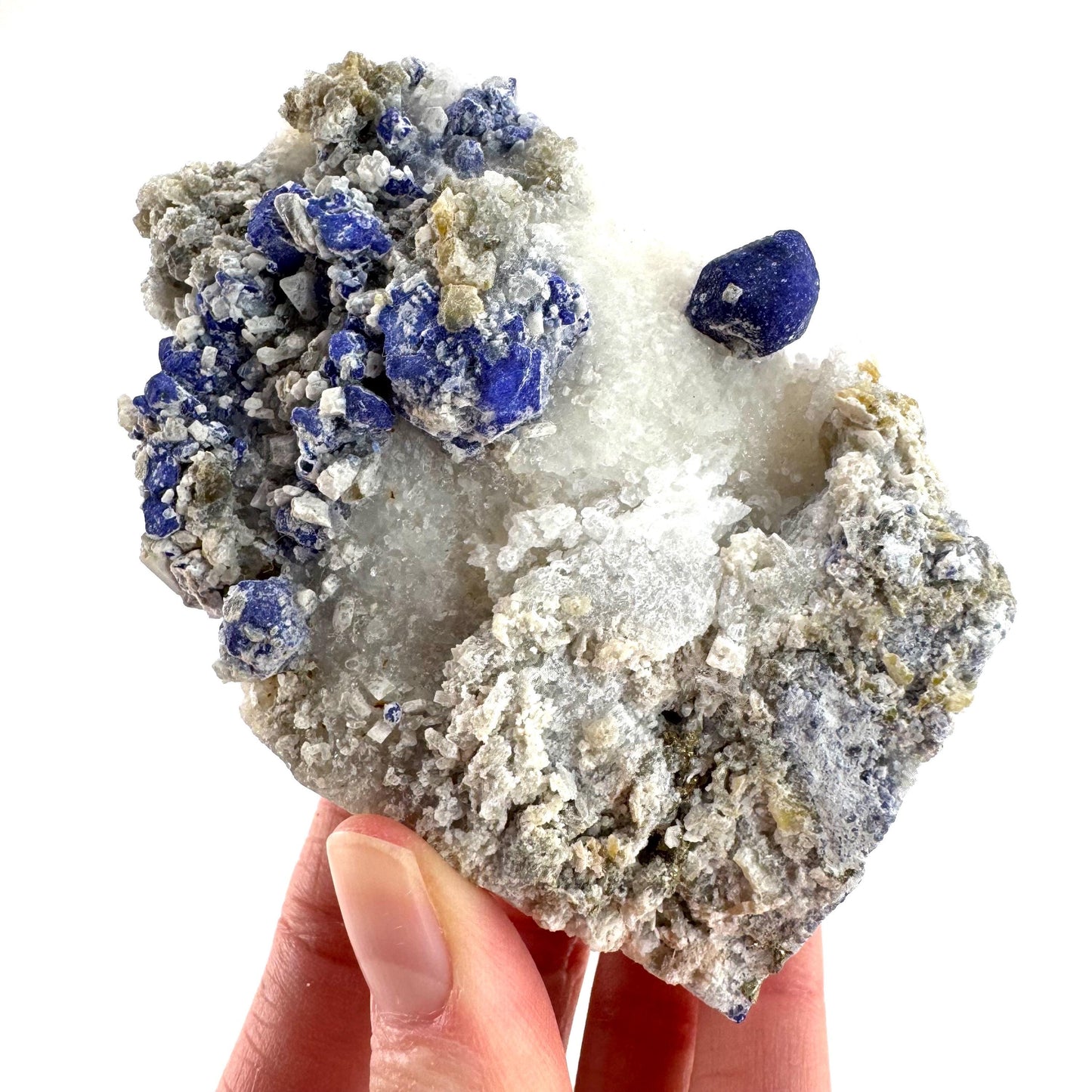 Lazurite on Calcite | blue crystal cluster, natural mineral specimen