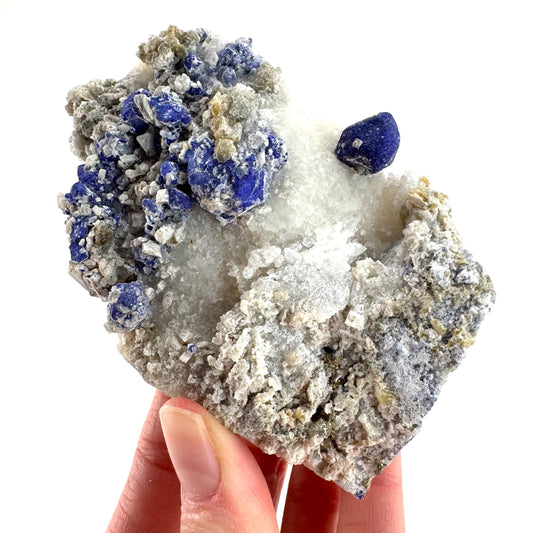Lazurite on Calcite | blue crystal cluster, natural mineral specimen