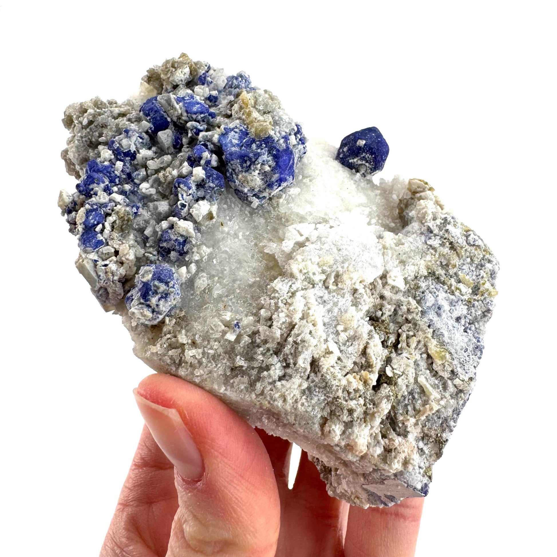 Lazurite on Calcite | blue crystal cluster, natural mineral specimen