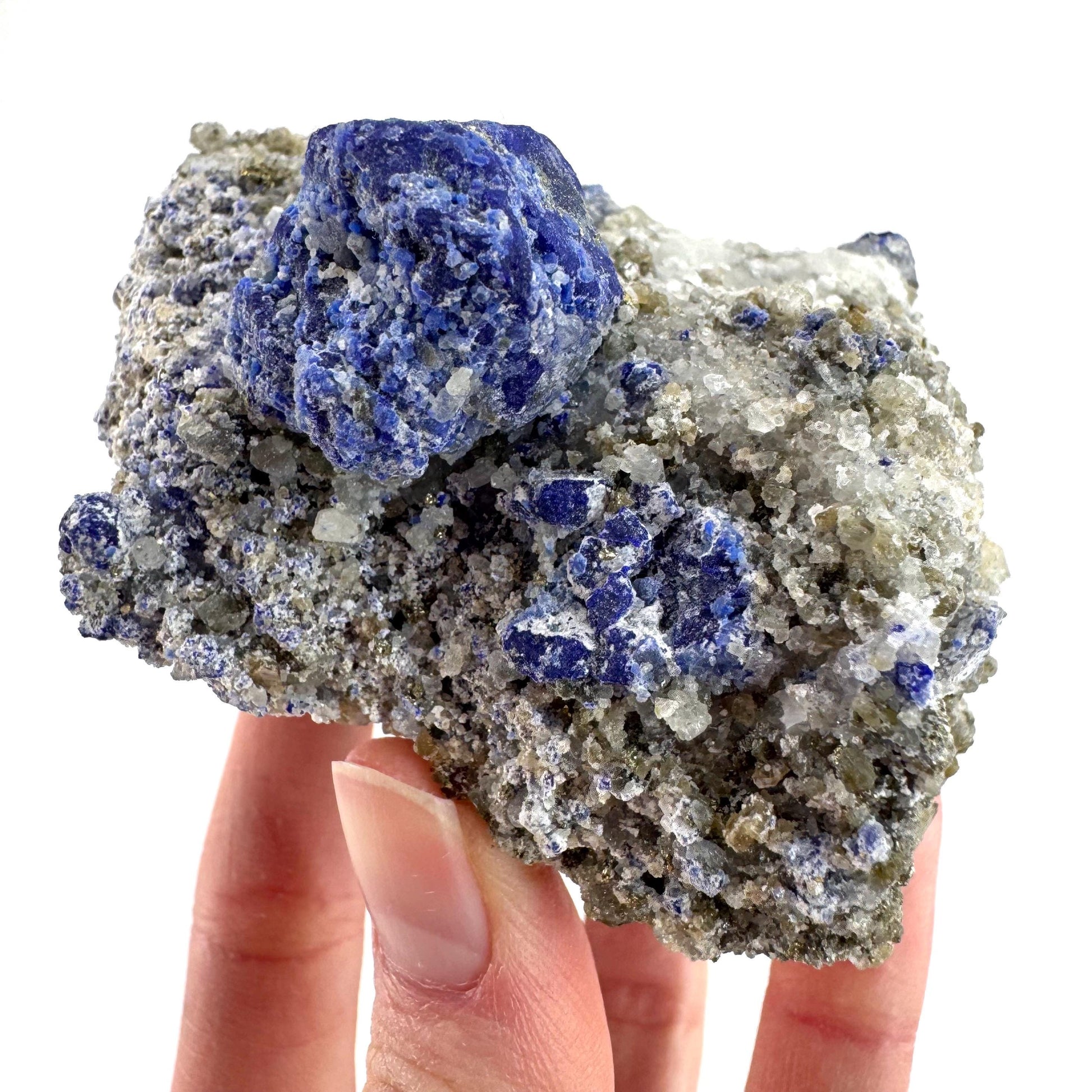 Lazurite & Pyrite on Calcite | blue crystal cluster, natural mineral specimen
