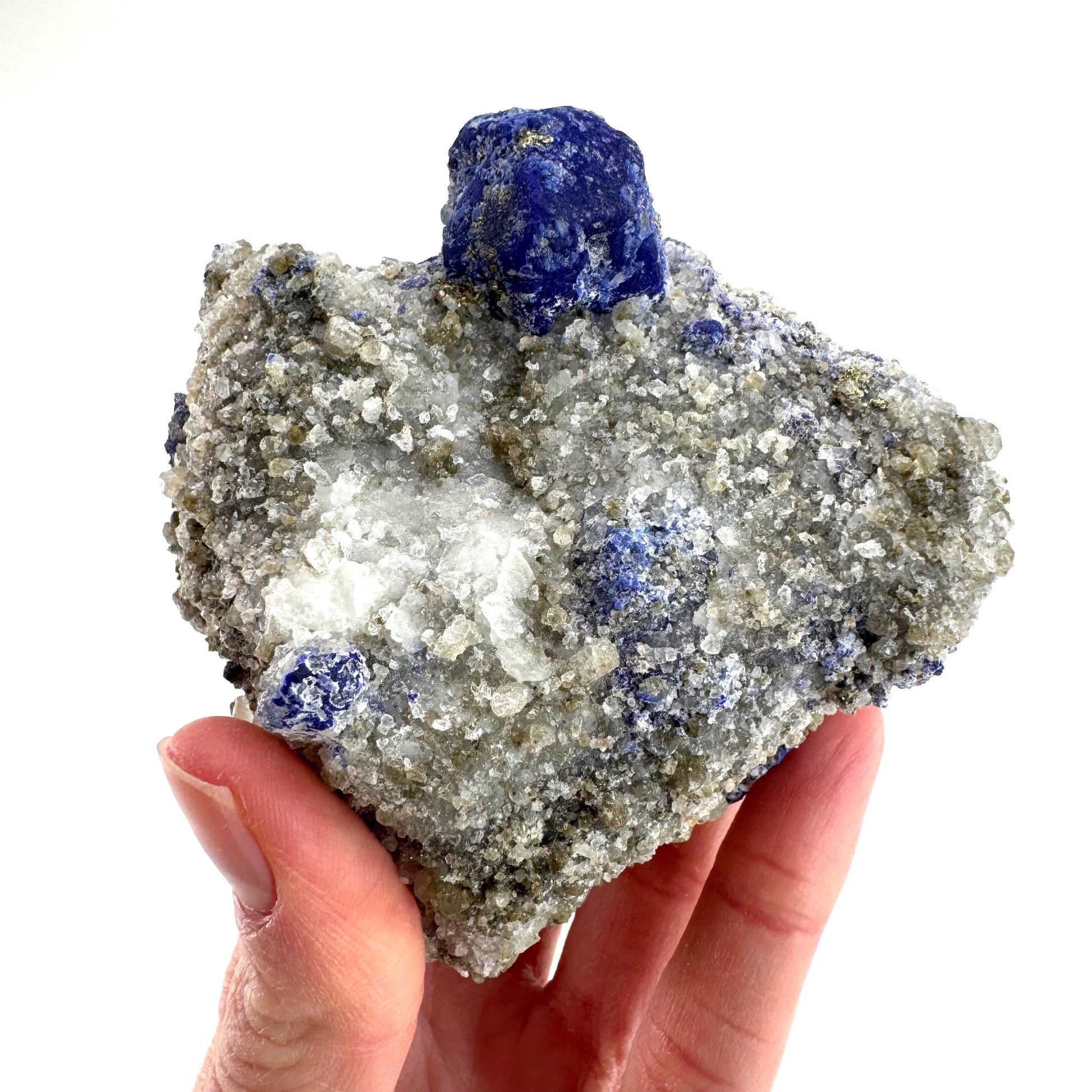 Lazurite & Pyrite on Calcite | blue crystal cluster, natural mineral specimen