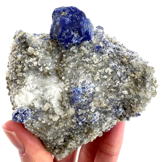 Lazurite & Pyrite on Calcite | blue crystal cluster, natural mineral specimen