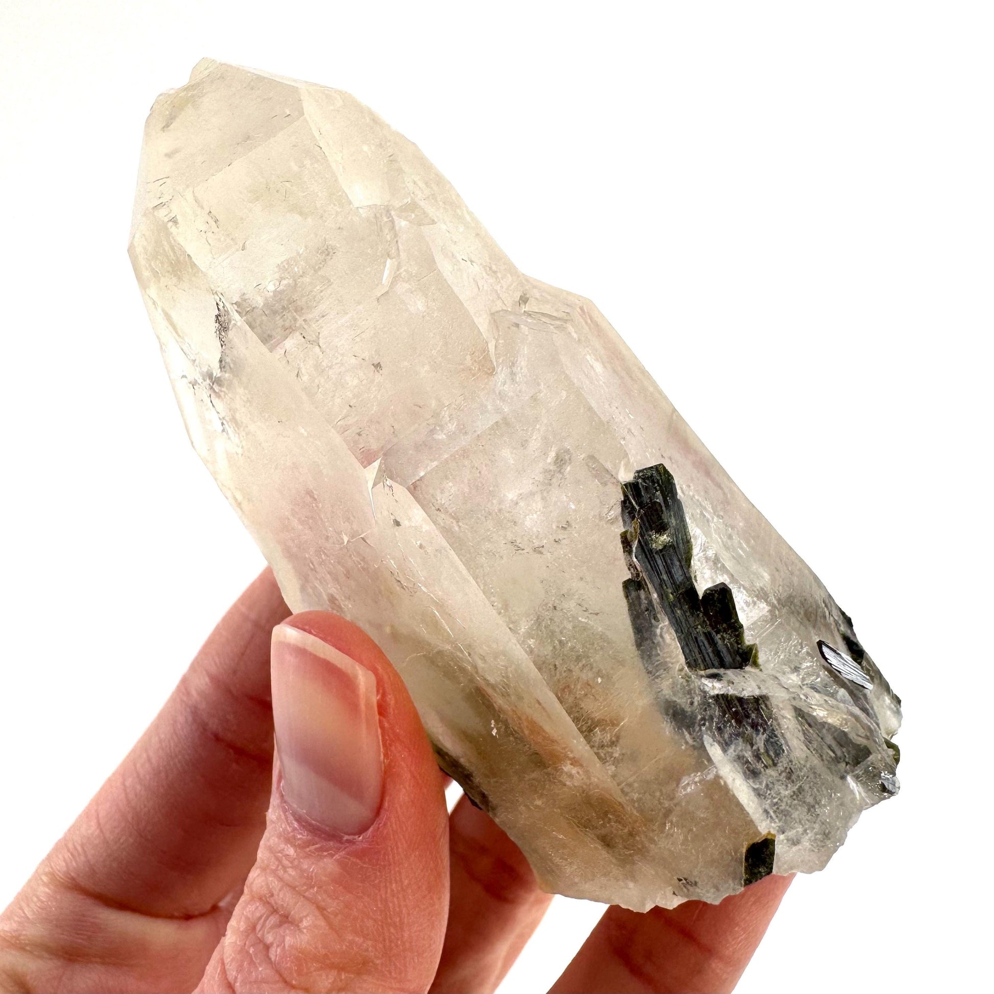 Bone Quartz with Epidote | natural quartz crystal, mineral specimen from Pakistan