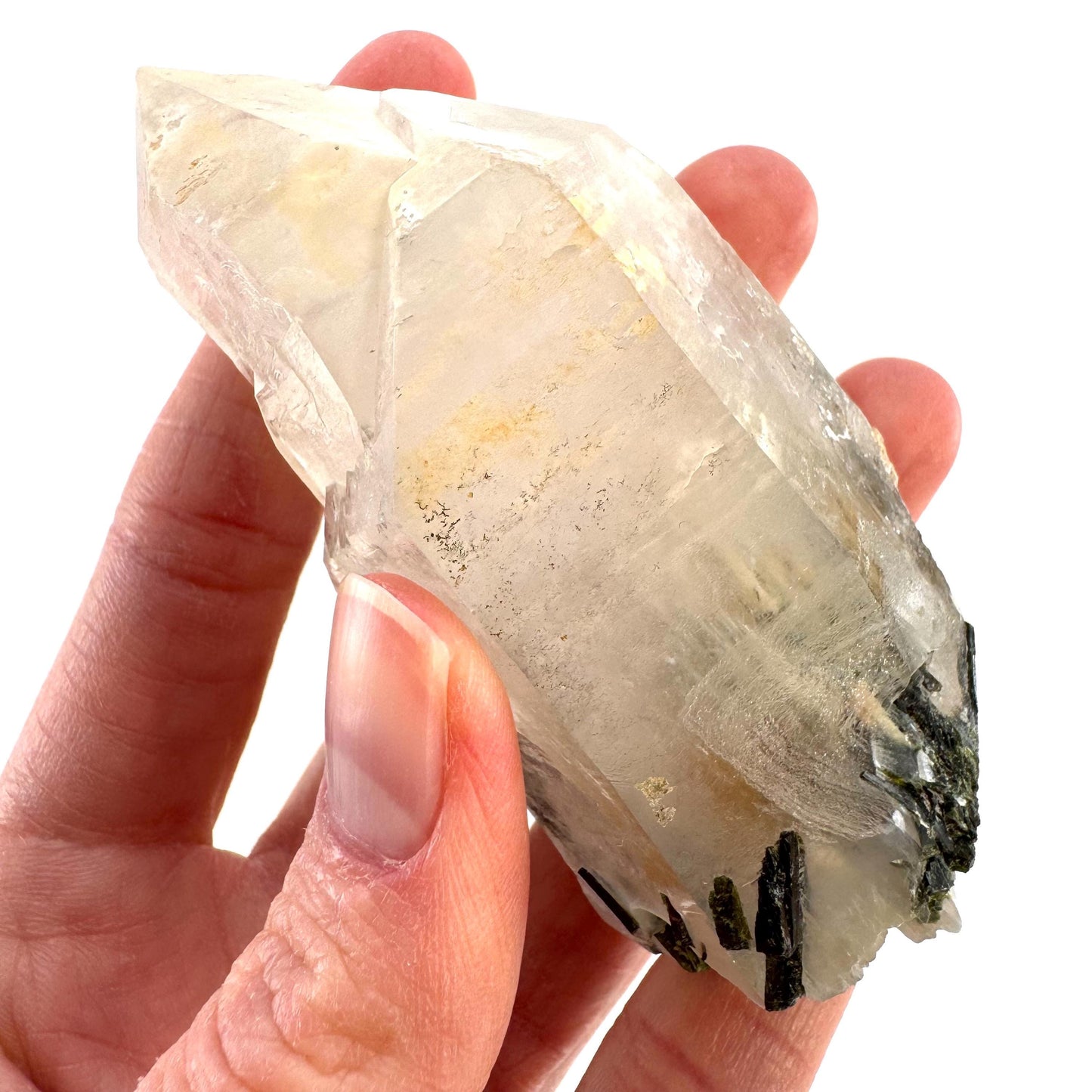 Bone Quartz with Epidote | natural quartz crystal, mineral specimen from Pakistan