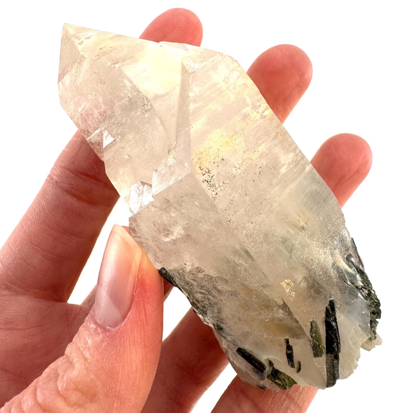 Bone Quartz with Epidote | natural quartz crystal, mineral specimen from Pakistan