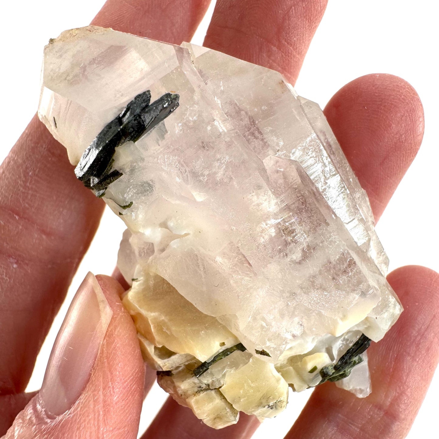 Bone Quartz with Epidote | natural quartz crystal, mineral specimen from Pakistan