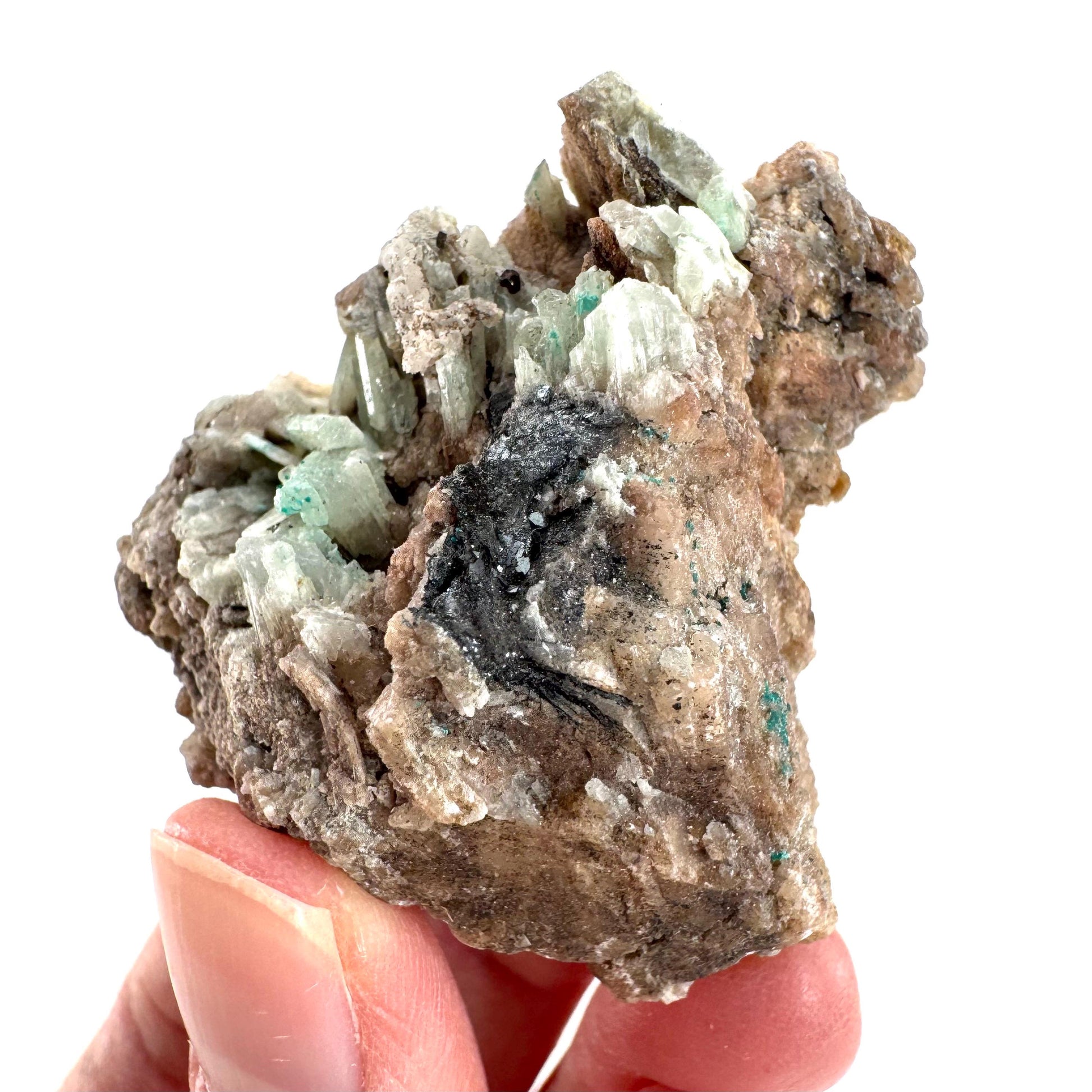 Cuprian Barite with Malachite & Stibnite | Crystal cluster, baryte mineral specimen from DR Congo