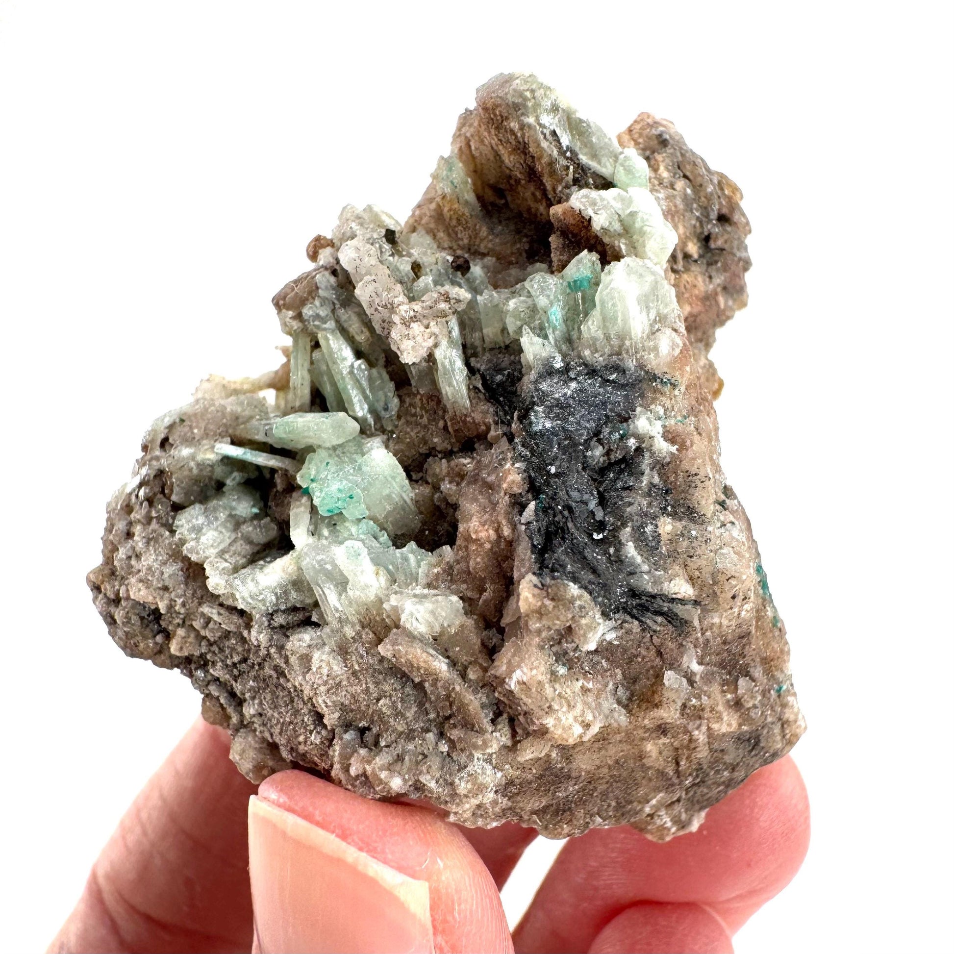 Cuprian Barite with Malachite & Stibnite | Crystal cluster, baryte mineral specimen from DR Congo