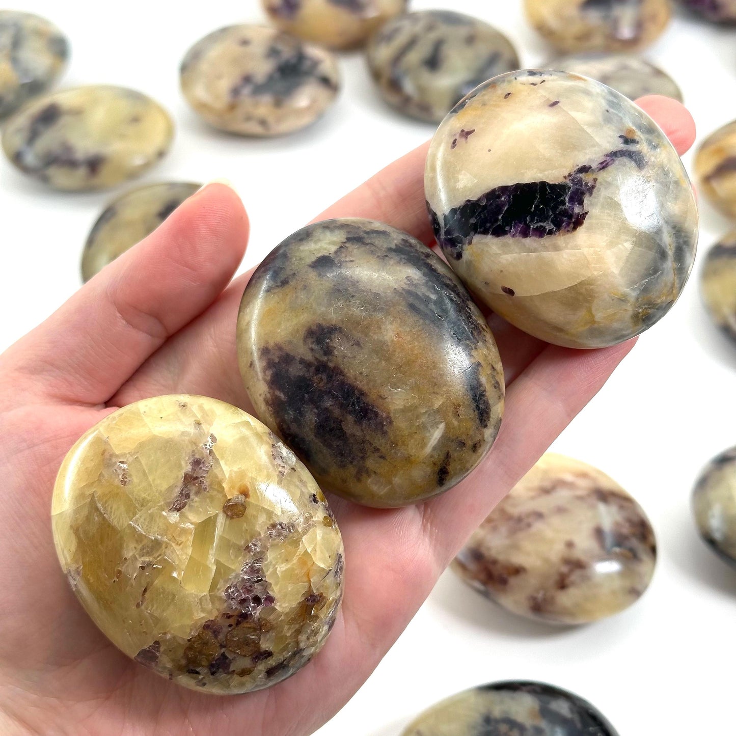 Anhydrite in Calcite Palm Stone | Rare Purple & Yellow Crystal Worry Stone (Crown Chakra)