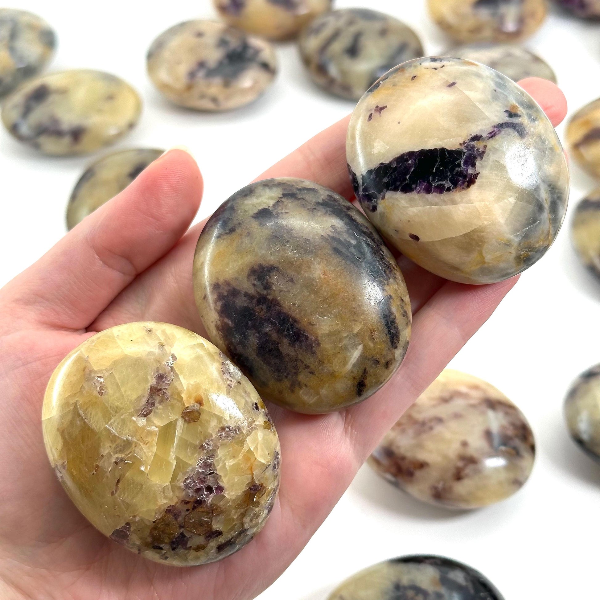 Anhydrite in Calcite Palm Stone | Rare Purple & Yellow Crystal Worry Stone (Crown Chakra)