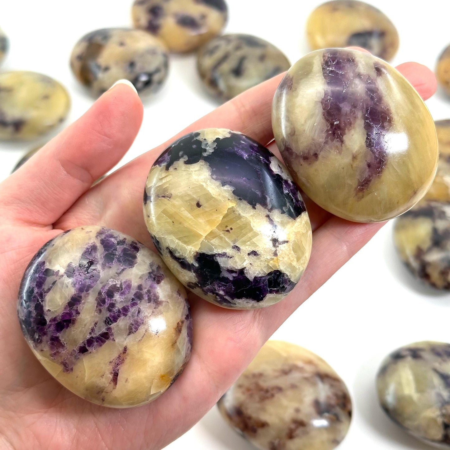 Anhydrite in Calcite Palm Stone | Rare Purple & Yellow Crystal Worry Stone (Crown Chakra)