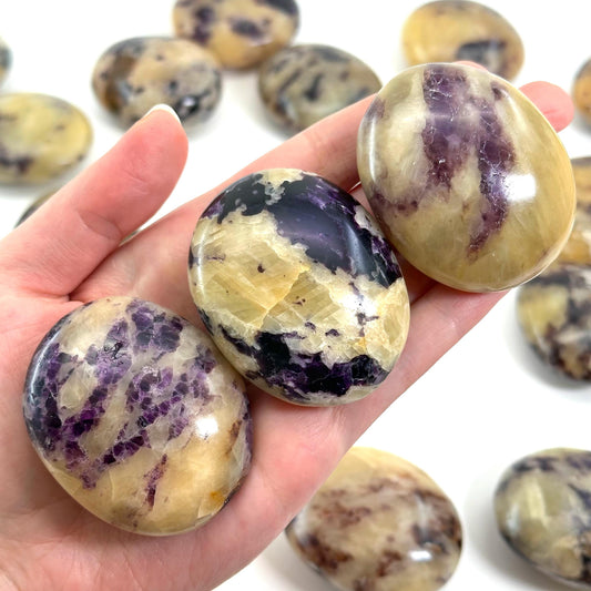 Anhydrite in Calcite Palm Stone | Rare Purple & Yellow Crystal Worry Stone (Crown Chakra)