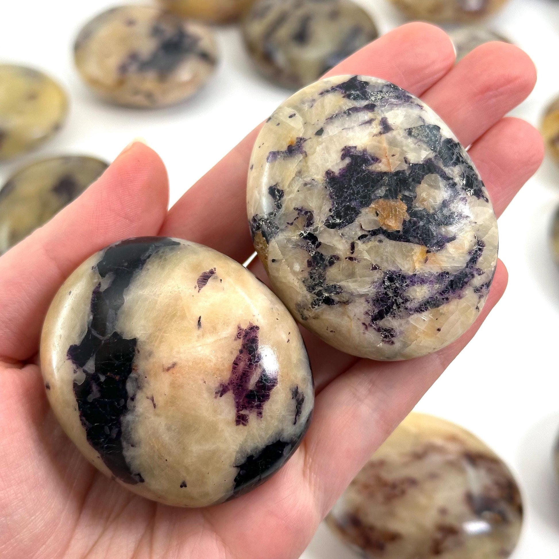 Anhydrite in Calcite Palm Stone | Rare Purple & Yellow Crystal Worry Stone (Crown Chakra)