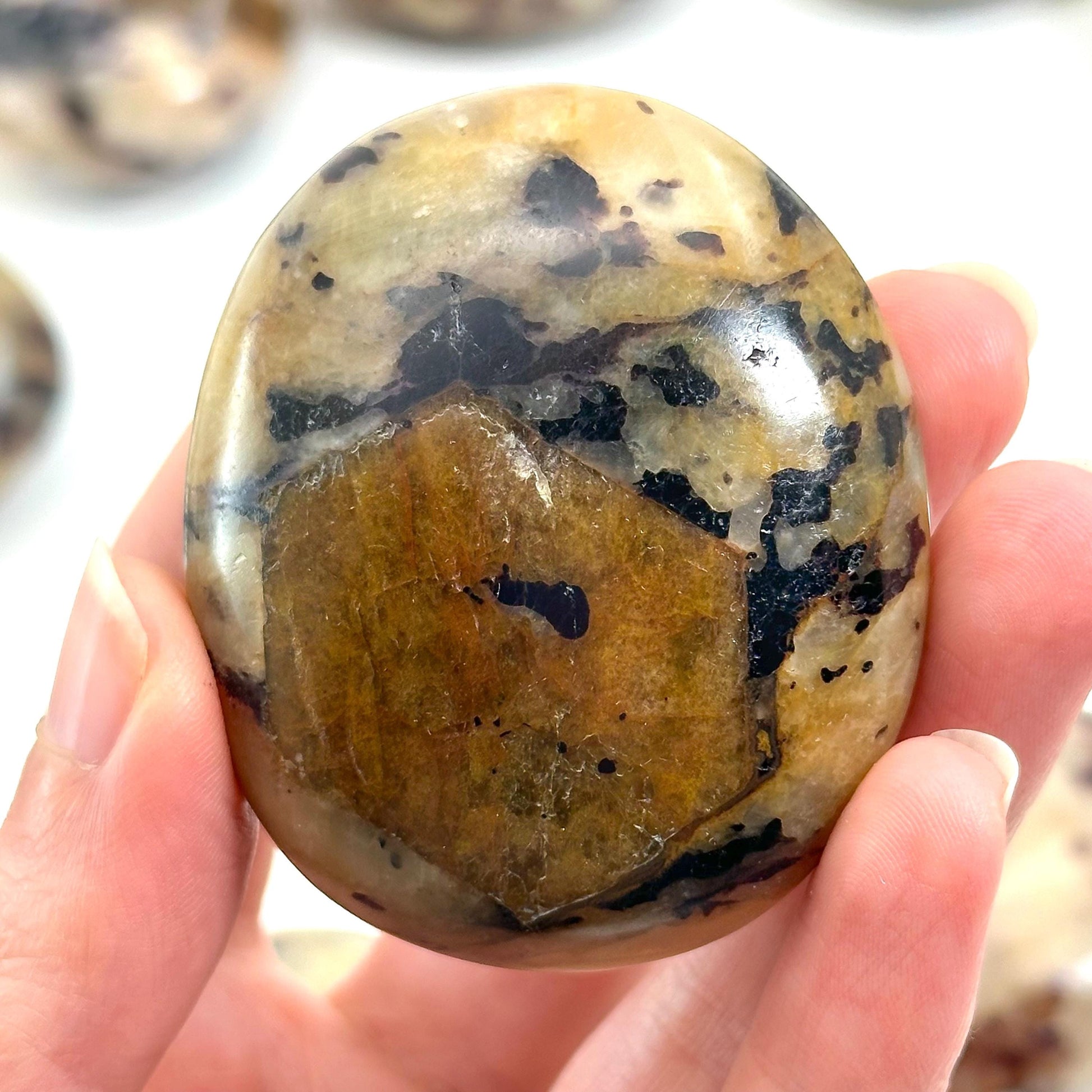 Anhydrite in Calcite Palm Stone | Rare Purple & Yellow Crystal Worry Stone (Crown Chakra)
