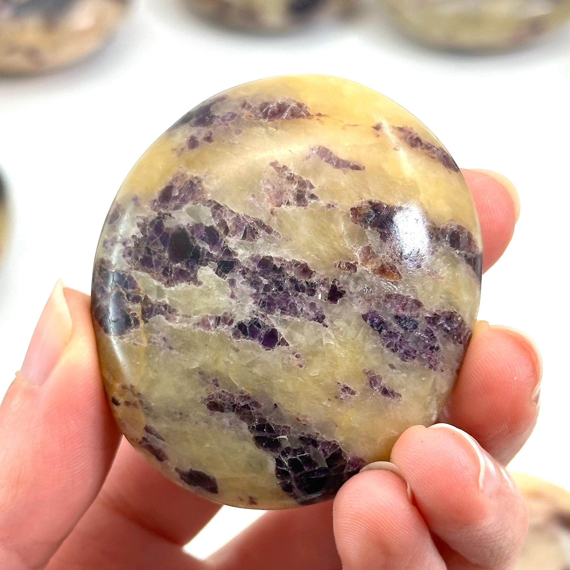 Anhydrite in Calcite Palm Stone | Rare Purple & Yellow Crystal Worry Stone (Crown Chakra)