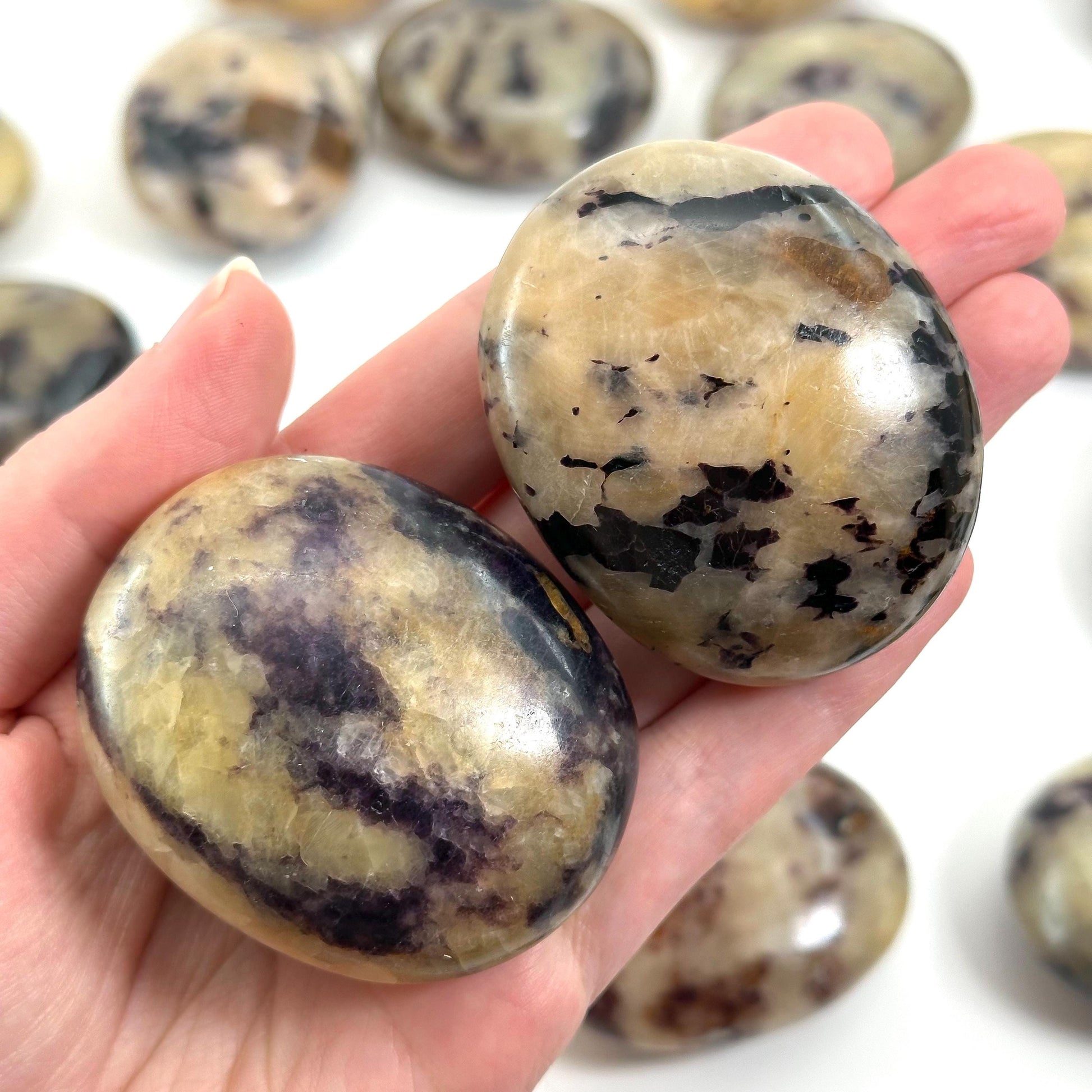 Anhydrite in Calcite Palm Stone | Rare Purple & Yellow Crystal Worry Stone (Crown Chakra)