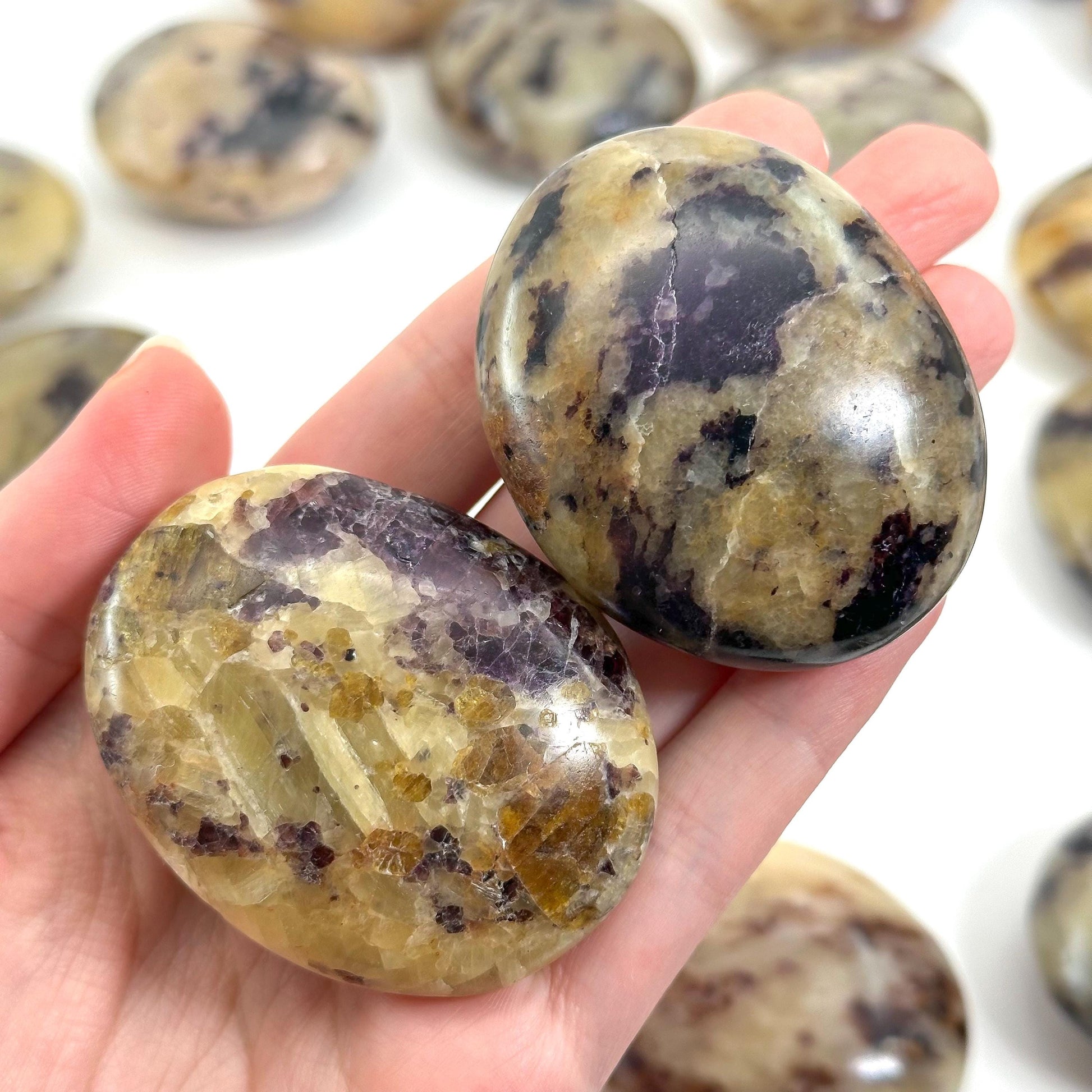 Anhydrite in Calcite Palm Stone | Rare Purple & Yellow Crystal Worry Stone (Crown Chakra)