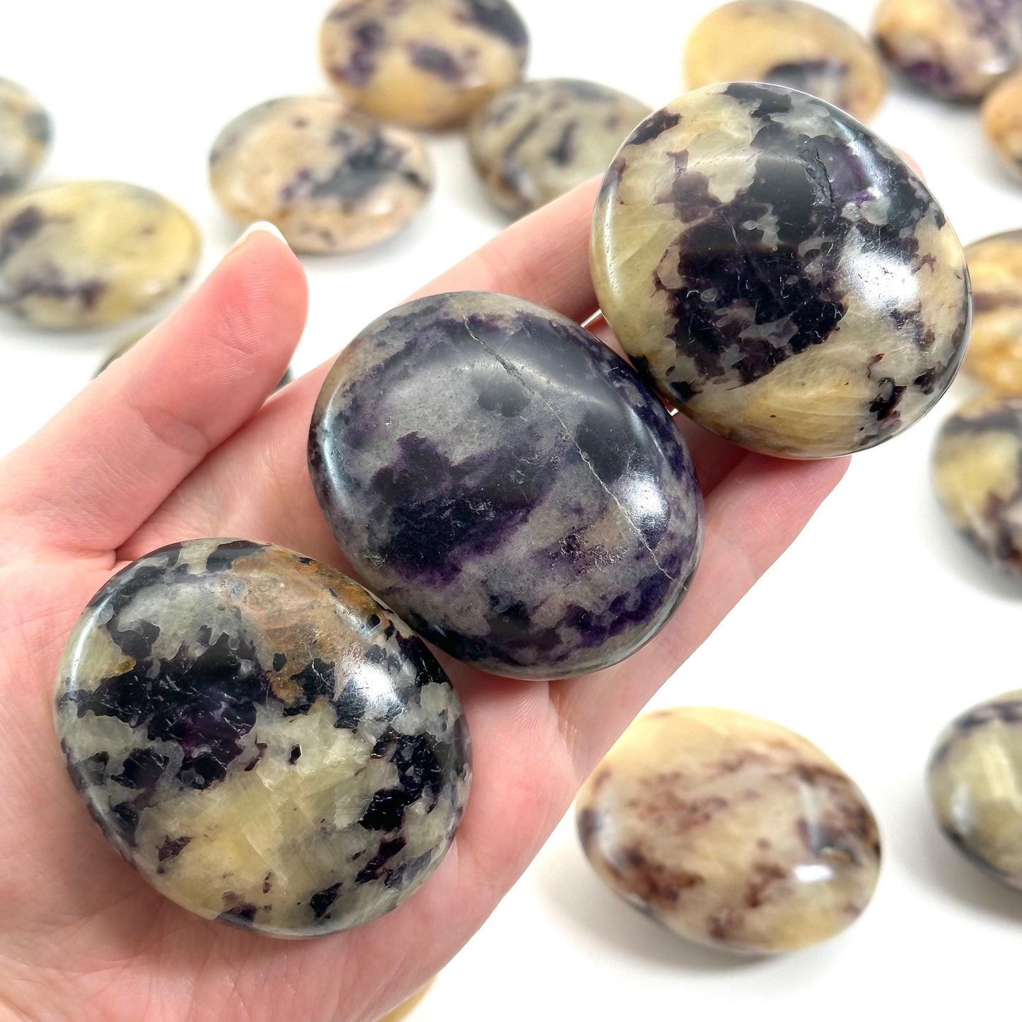 Anhydrite in Calcite Palm Stone | Rare Purple & Yellow Crystal Worry Stone (Crown Chakra)
