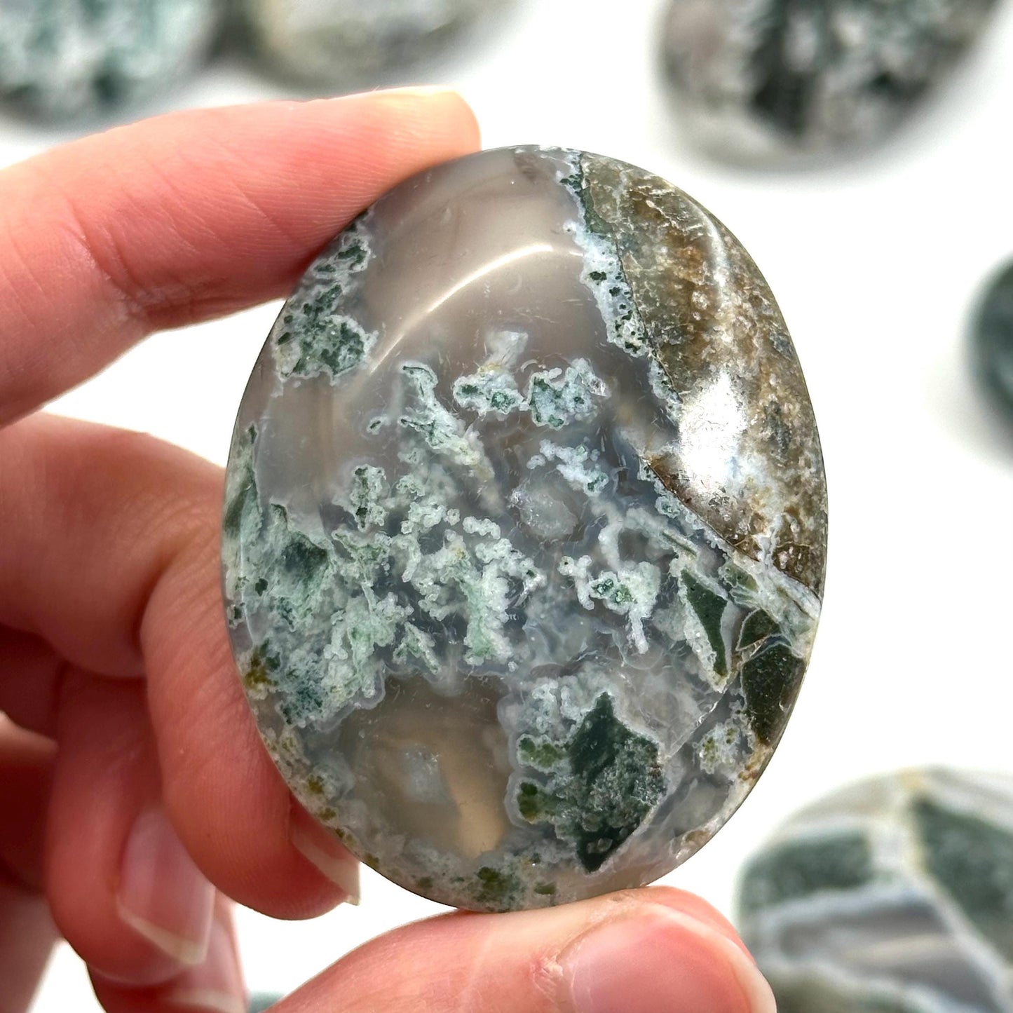 Moss Agate Palm Stone, green moss agate, crystal palm stone, worry stone, polished moss agate