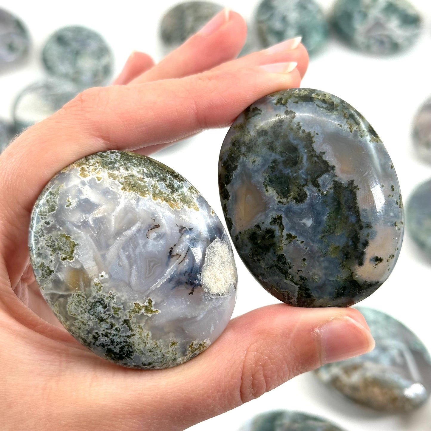Moss Agate Palm Stone, green moss agate, crystal palm stone, worry stone, polished moss agate